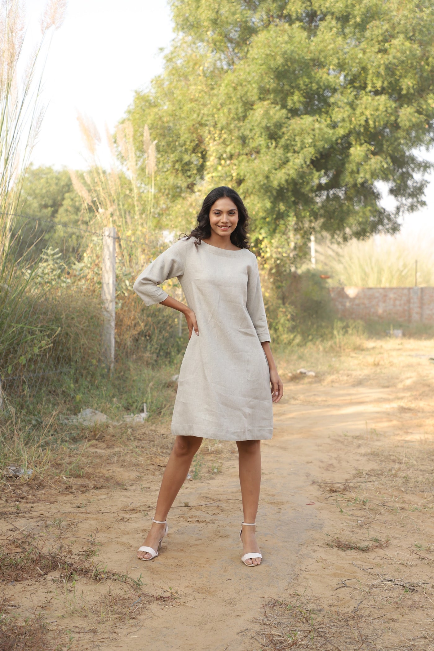 Oatmeal boat neck linen shift in washed linen, photographed in Jaipur