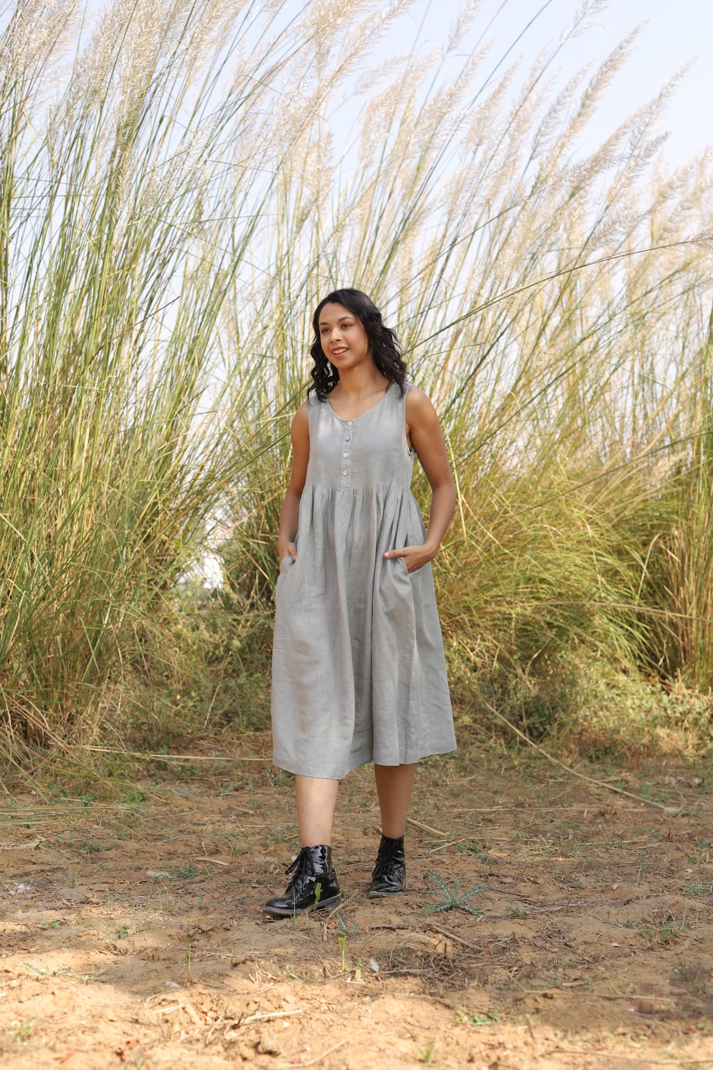 Pale Grey button front gathered midi in washed linen, photographed in Jaipur