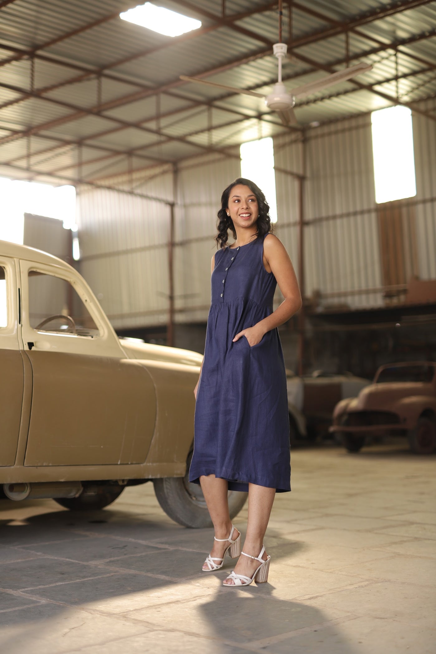Navy button front gathered midi in washed linen, photographed in Jaipur