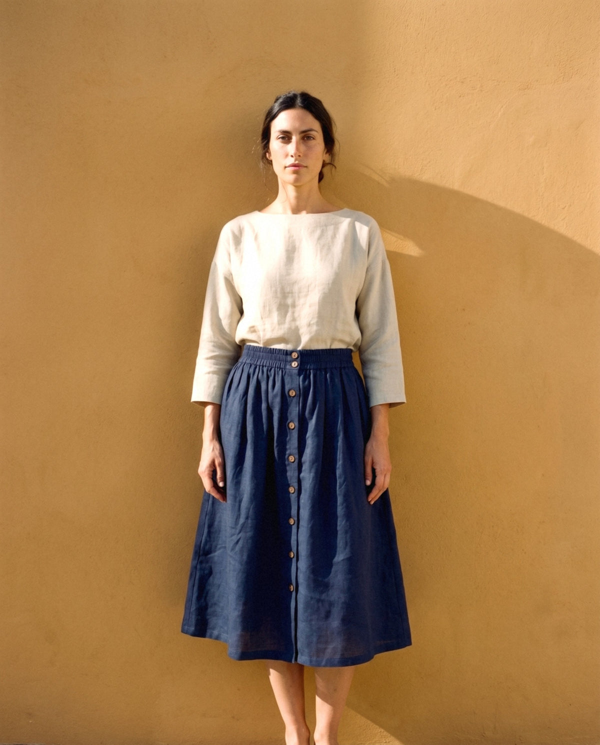 Gathered Linen Midi Skirt in navy, front view