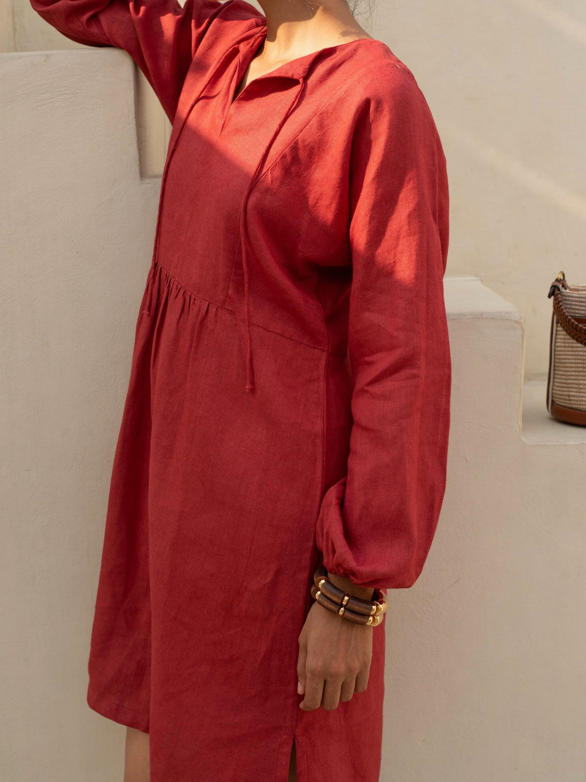 Tie Neck Linen Tunic Dress in brick red washed linen, Ellementree