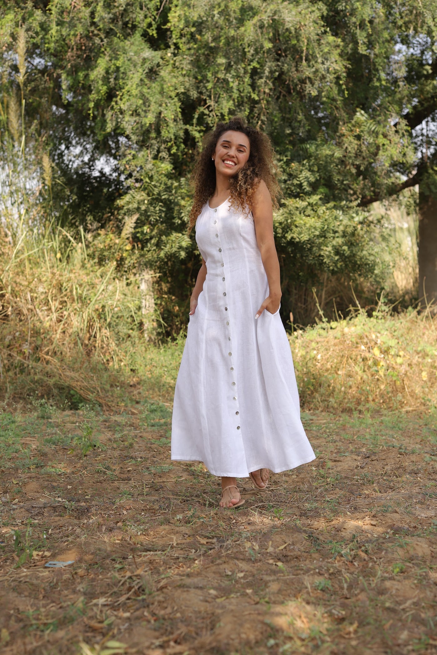 White button front linen midi in washed linen, photographed in Jaipur
