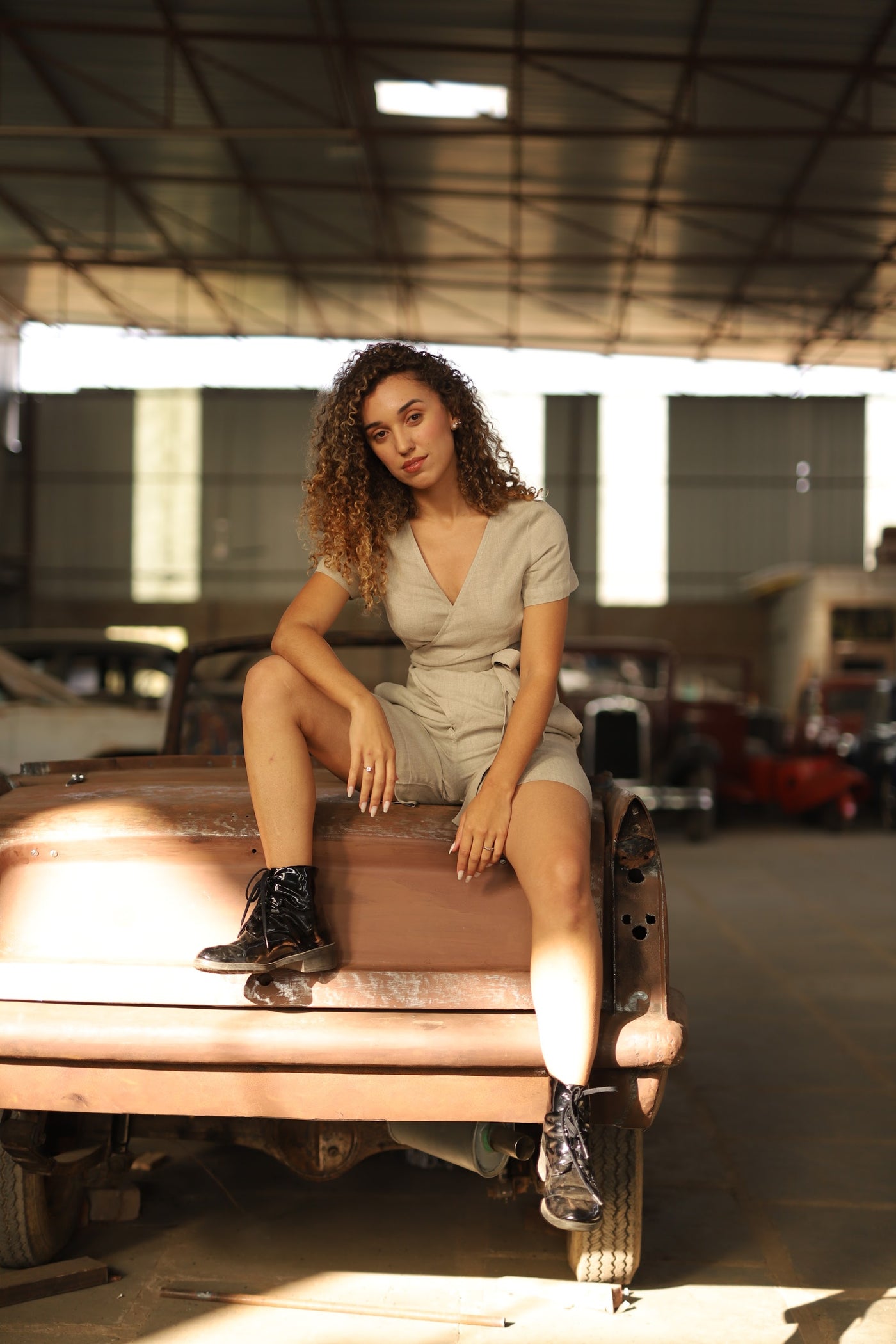 Sand linen playsuit in washed linen, photographed in Jaipur