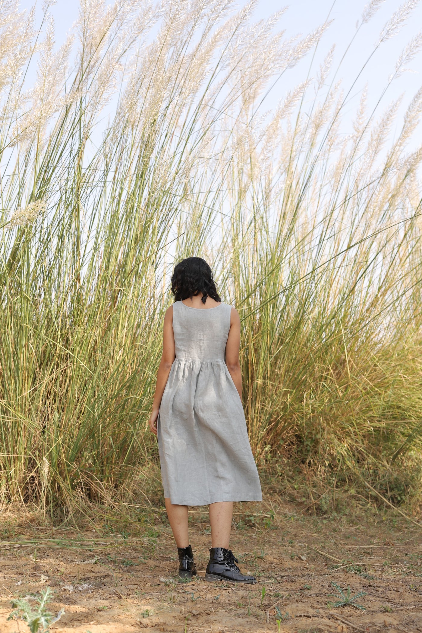 Pale Grey button front gathered midi in washed linen, photographed in Jaipur