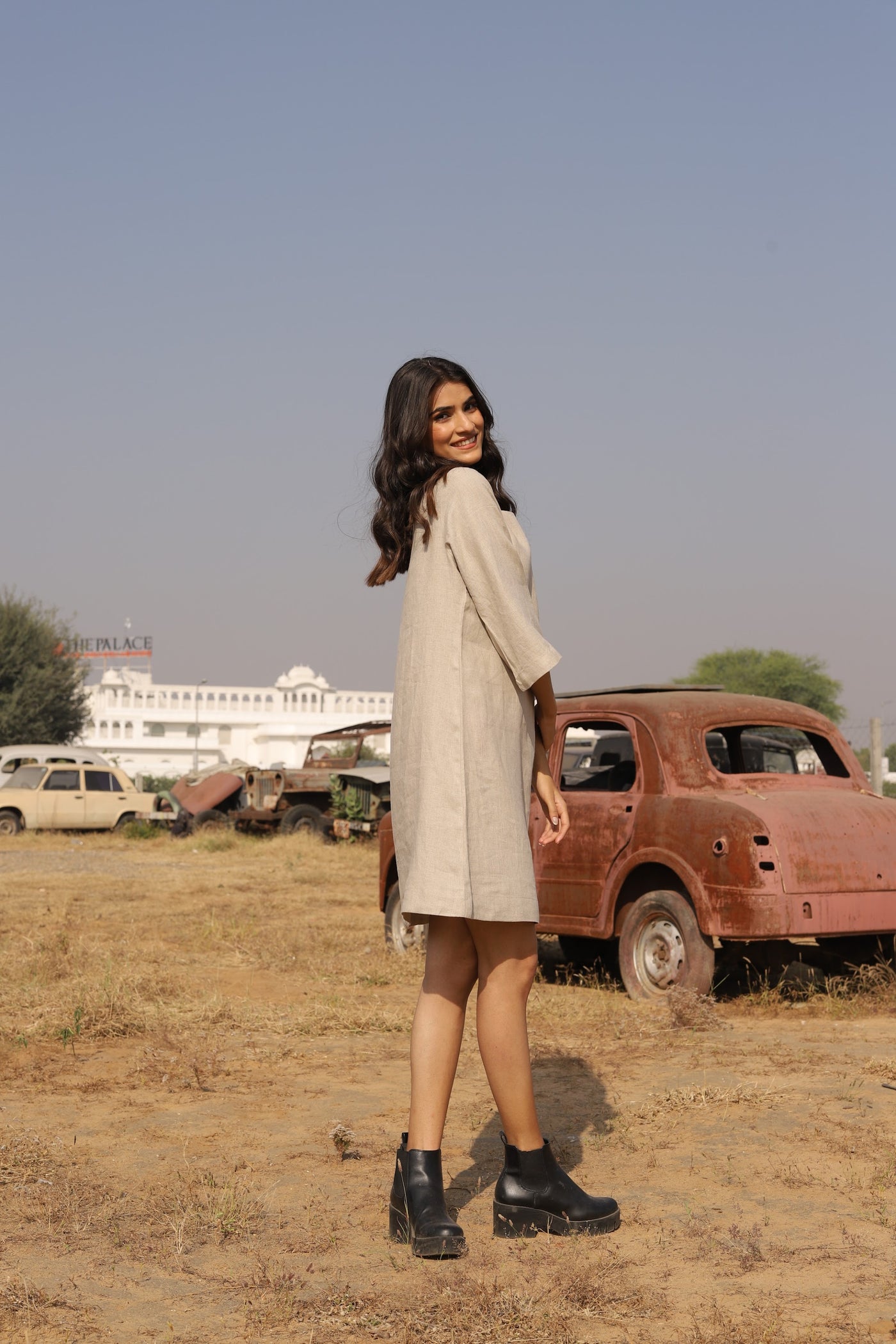 Natural boxy linen shift in washed linen, photographed in Jaipur