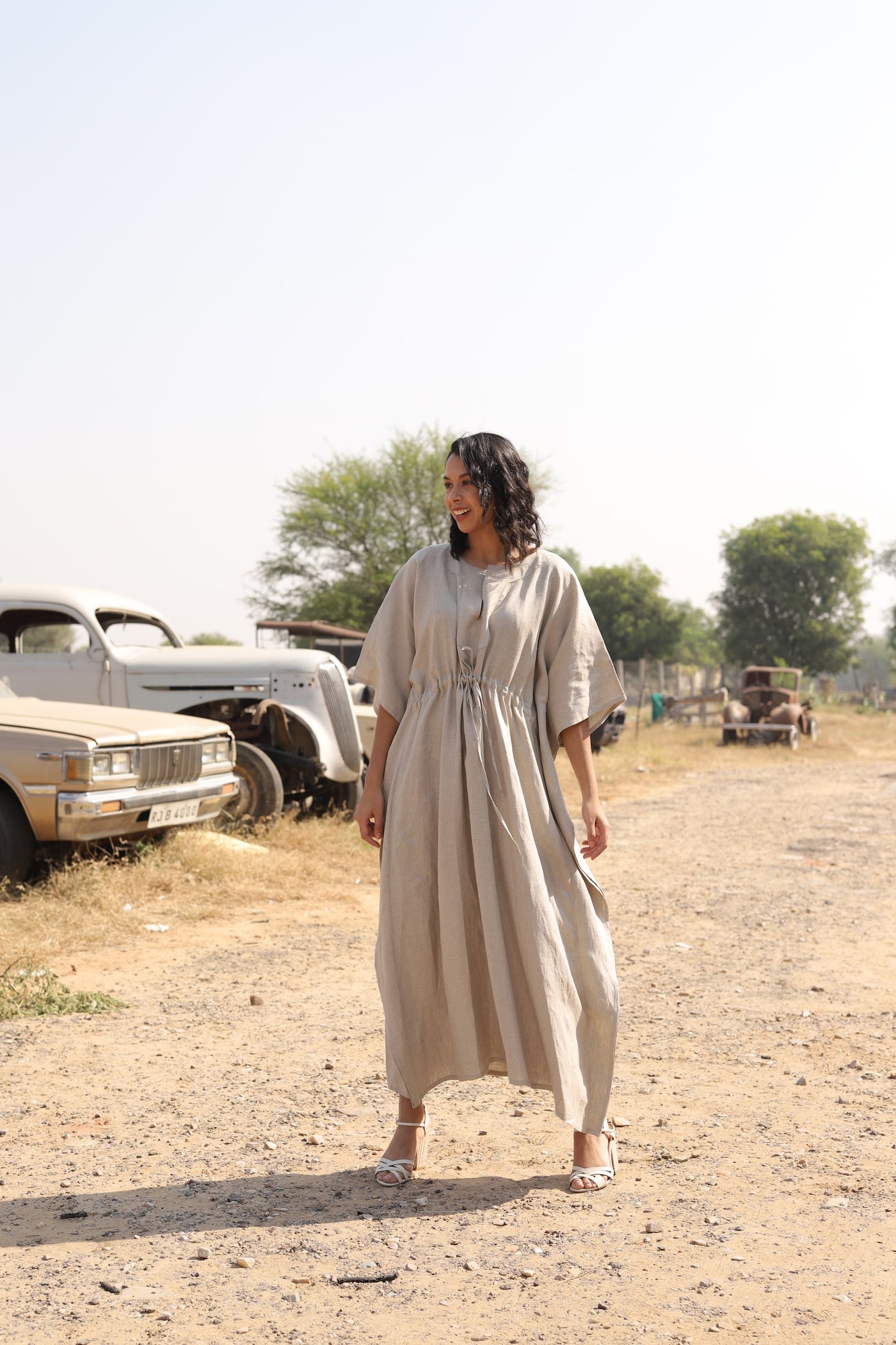 Natural drawstring linen kaftan in washed linen, photographed in Jaipur