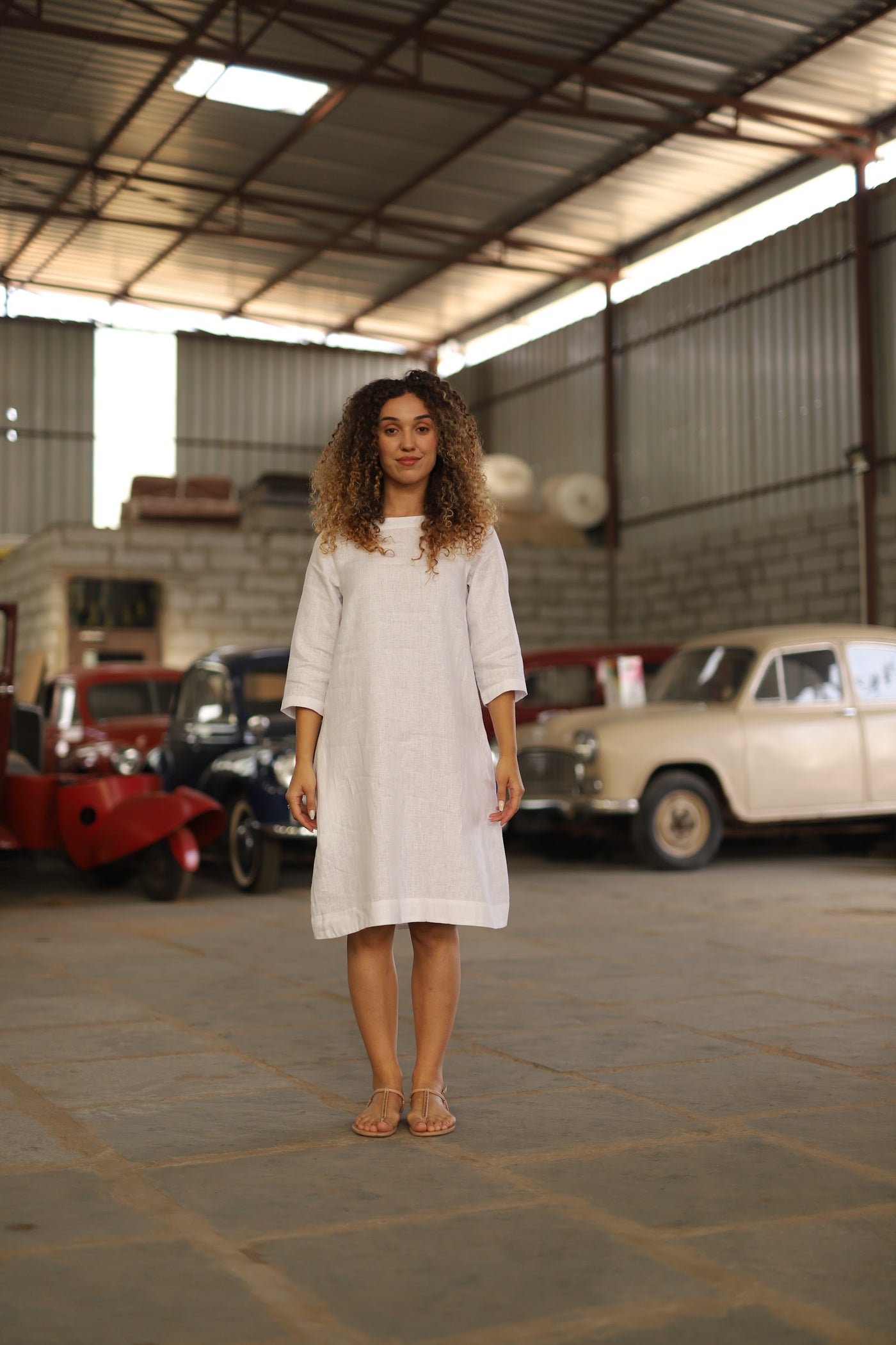 Ivory oversized linen shift in washed linen, photographed in Jaipur