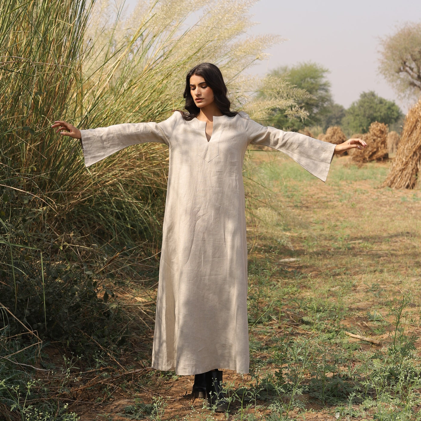 Natural long sleeve linen kaftan in washed linen, photographed in Jaipur