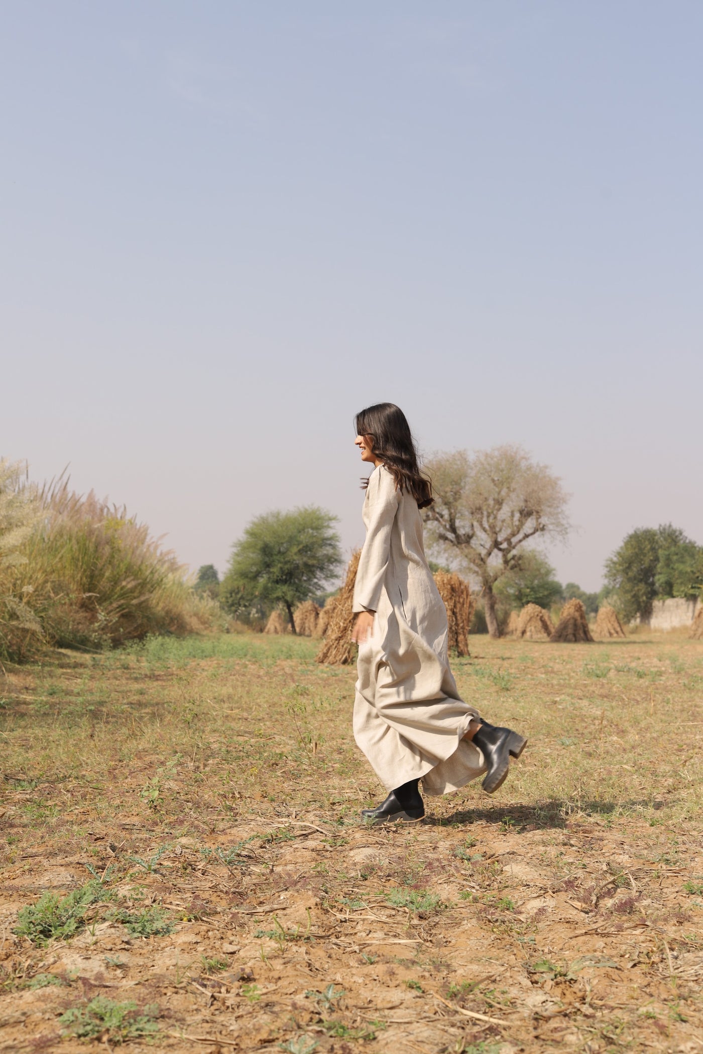 Natural long sleeve linen kaftan in washed linen, photographed in Jaipur