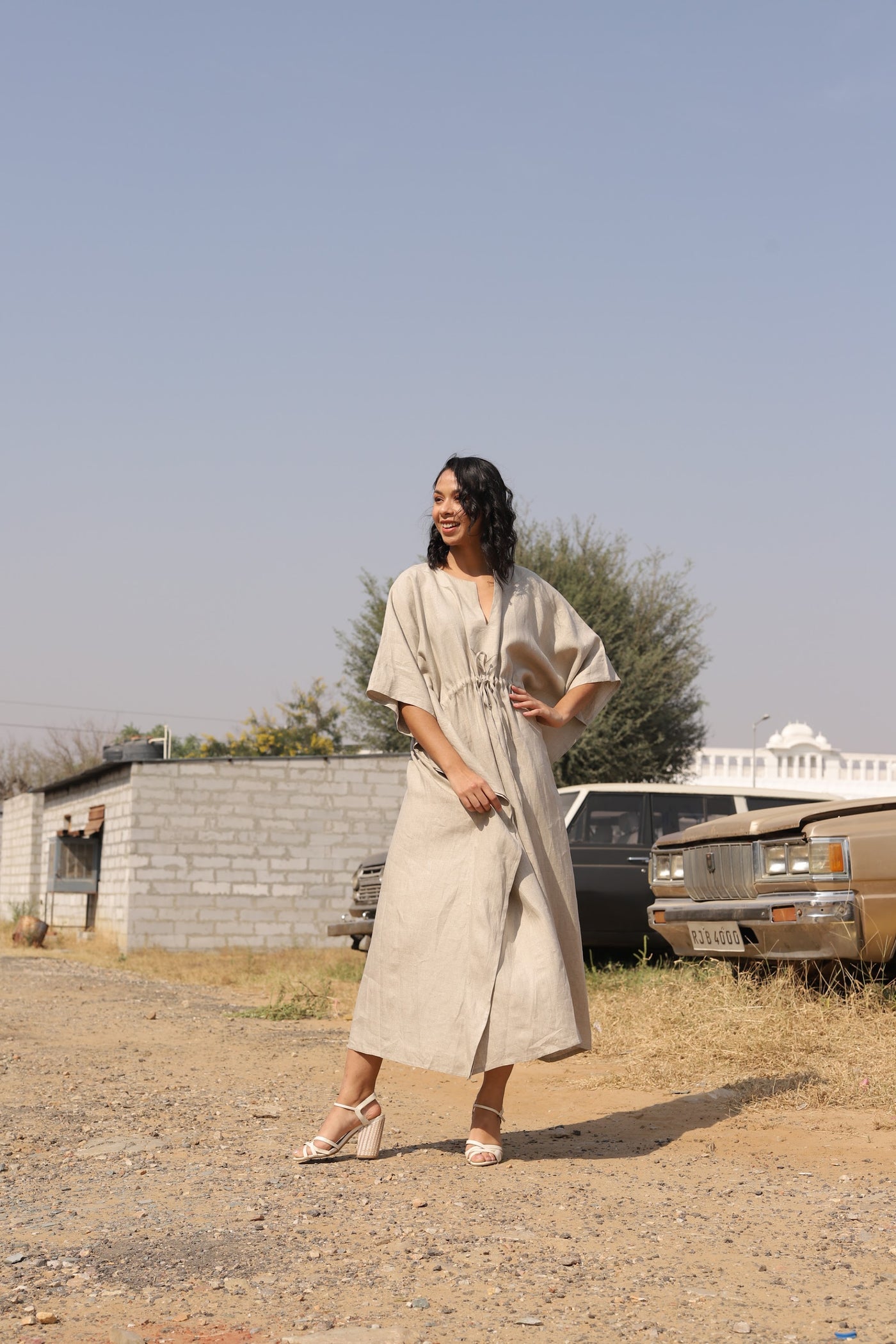 Natural drawstring linen kaftan in washed linen, photographed in Jaipur