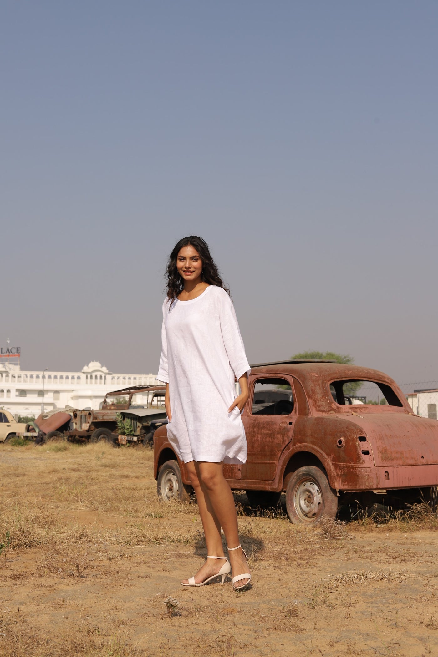 White oversized linen shift in washed linen, photographed in Jaipur
