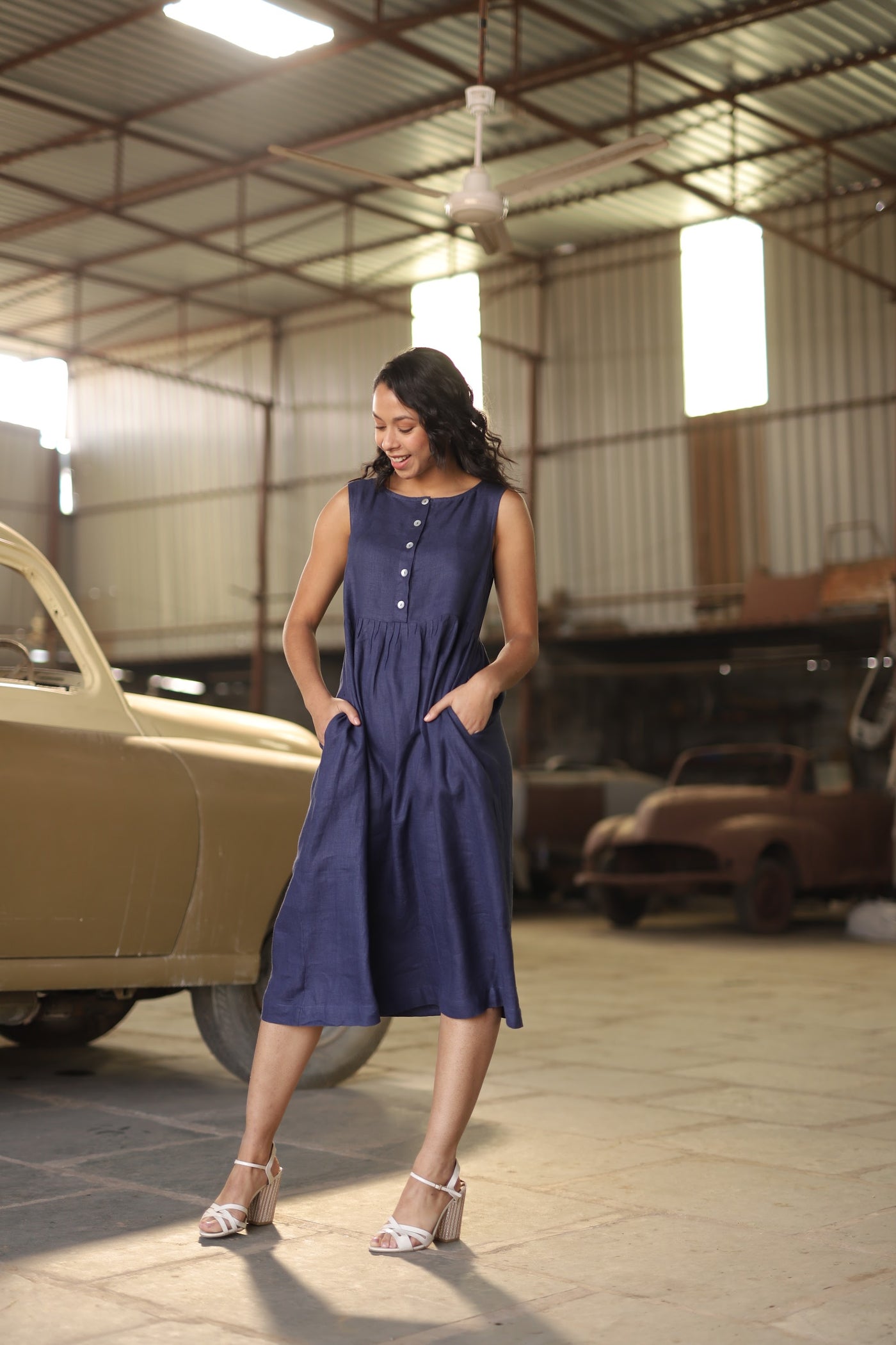 Navy button front gathered midi in washed linen, photographed in Jaipur