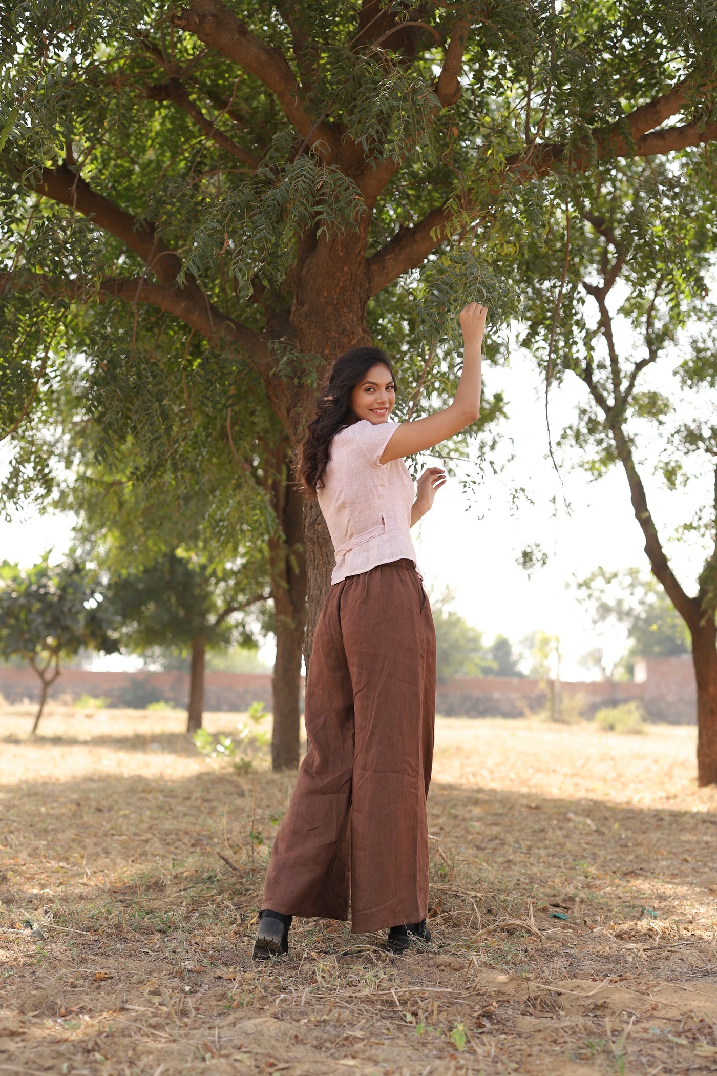Chocolate linen maxi skirt in washed linen, photographed in Jaipur