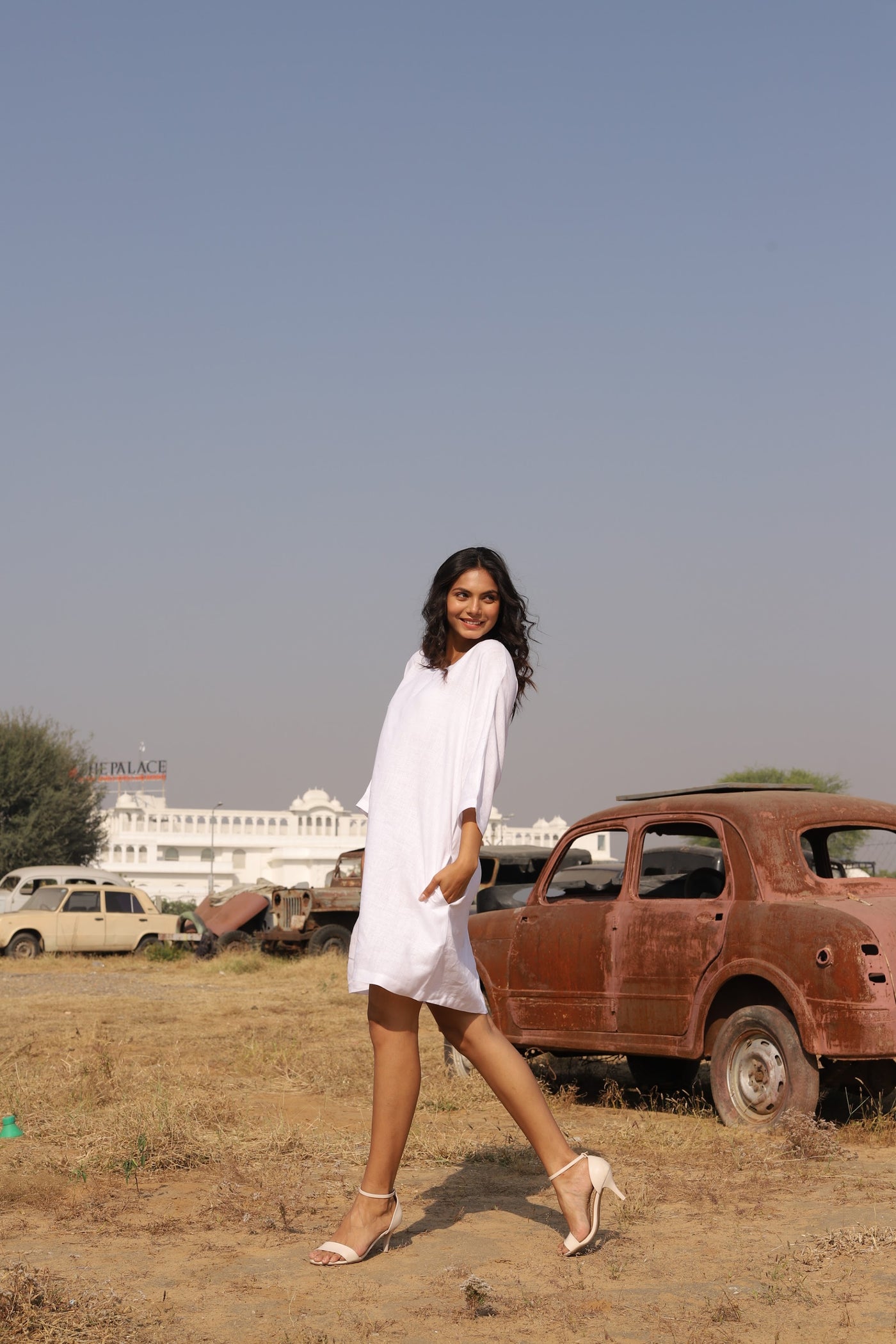 White oversized linen shift in washed linen, photographed in Jaipur