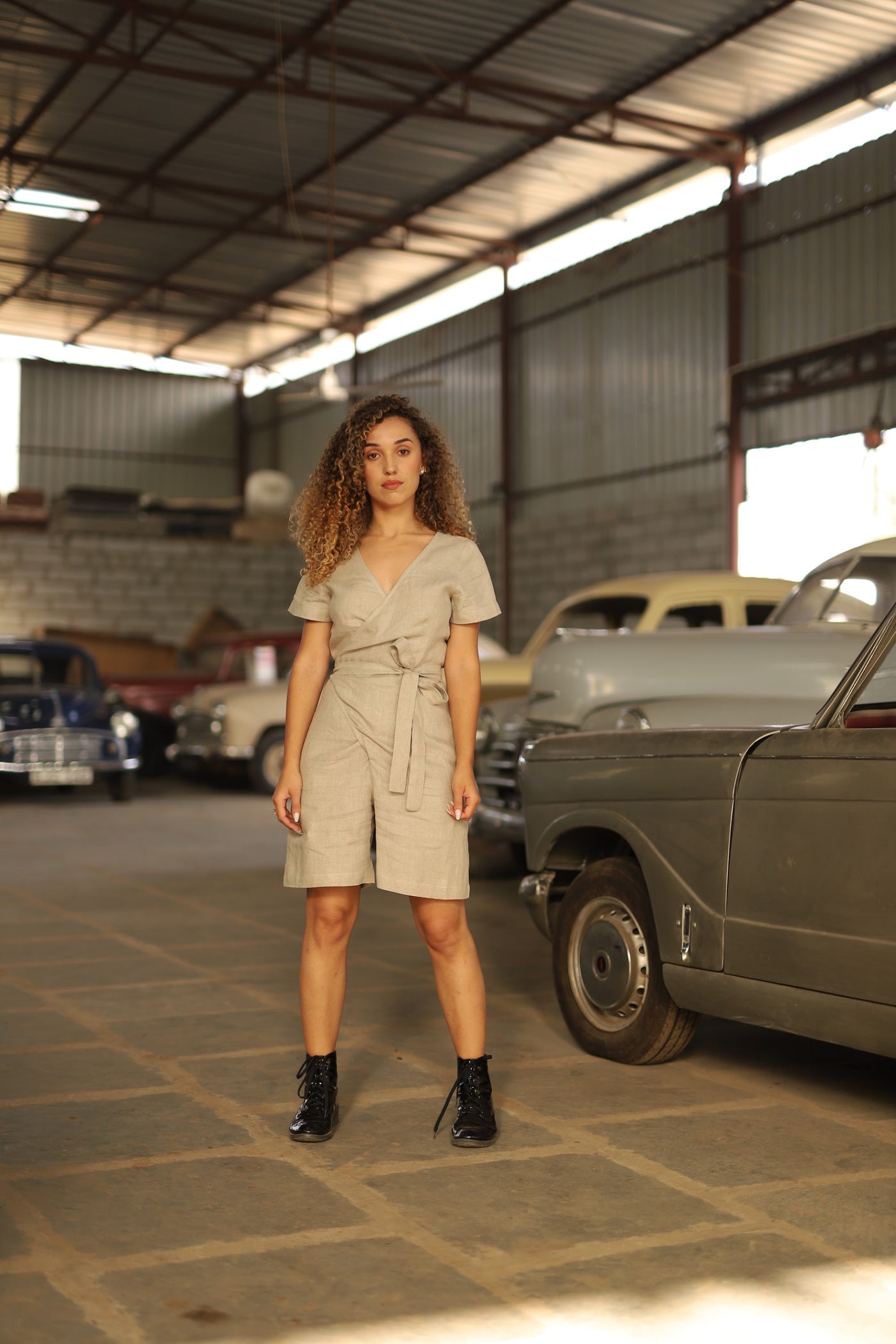 Sand linen playsuit in washed linen, photographed in Jaipur