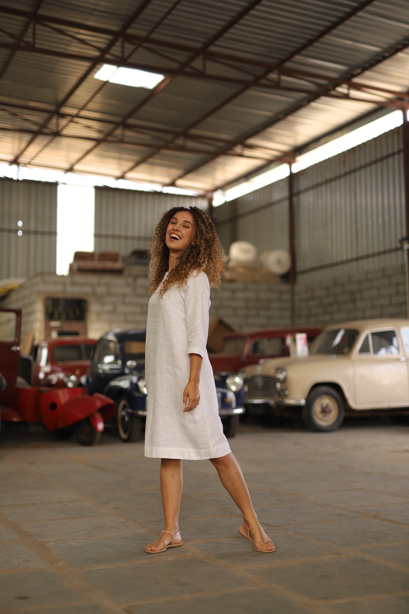 Ivory oversized linen shift in washed linen, photographed in Jaipur
