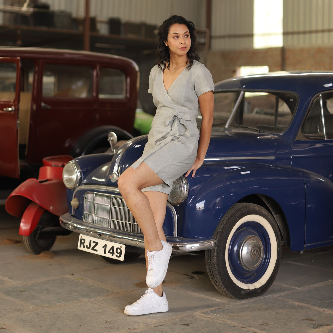 Grey linen playsuit in washed linen, photographed in Jaipur