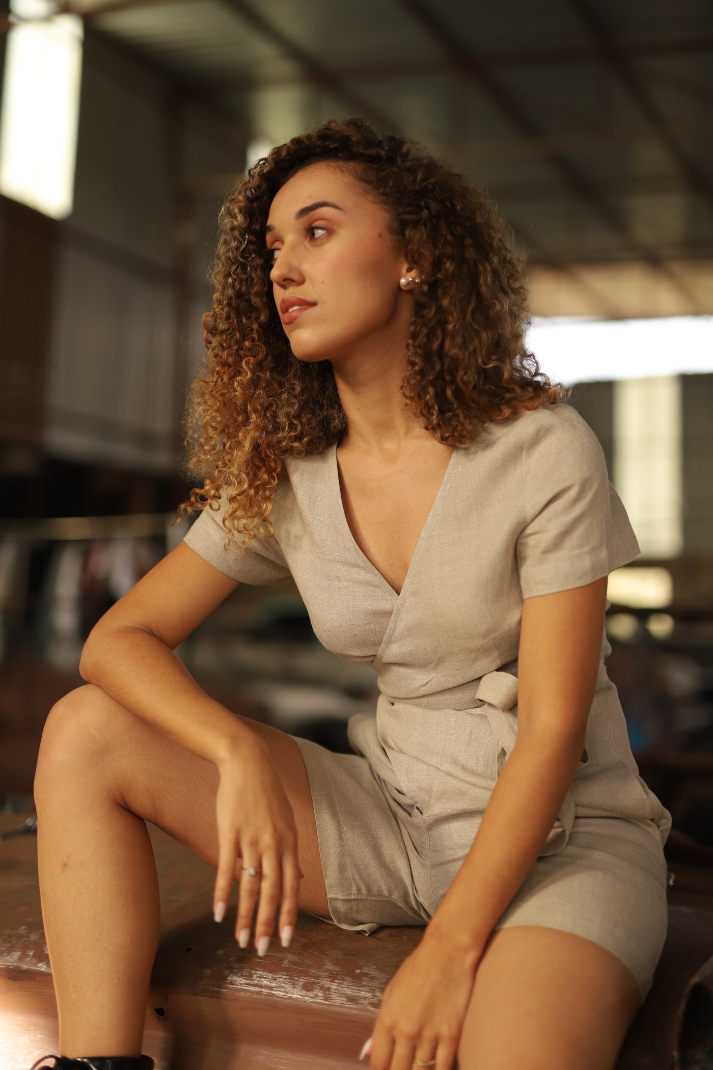 Sand linen playsuit in washed linen, photographed in Jaipur