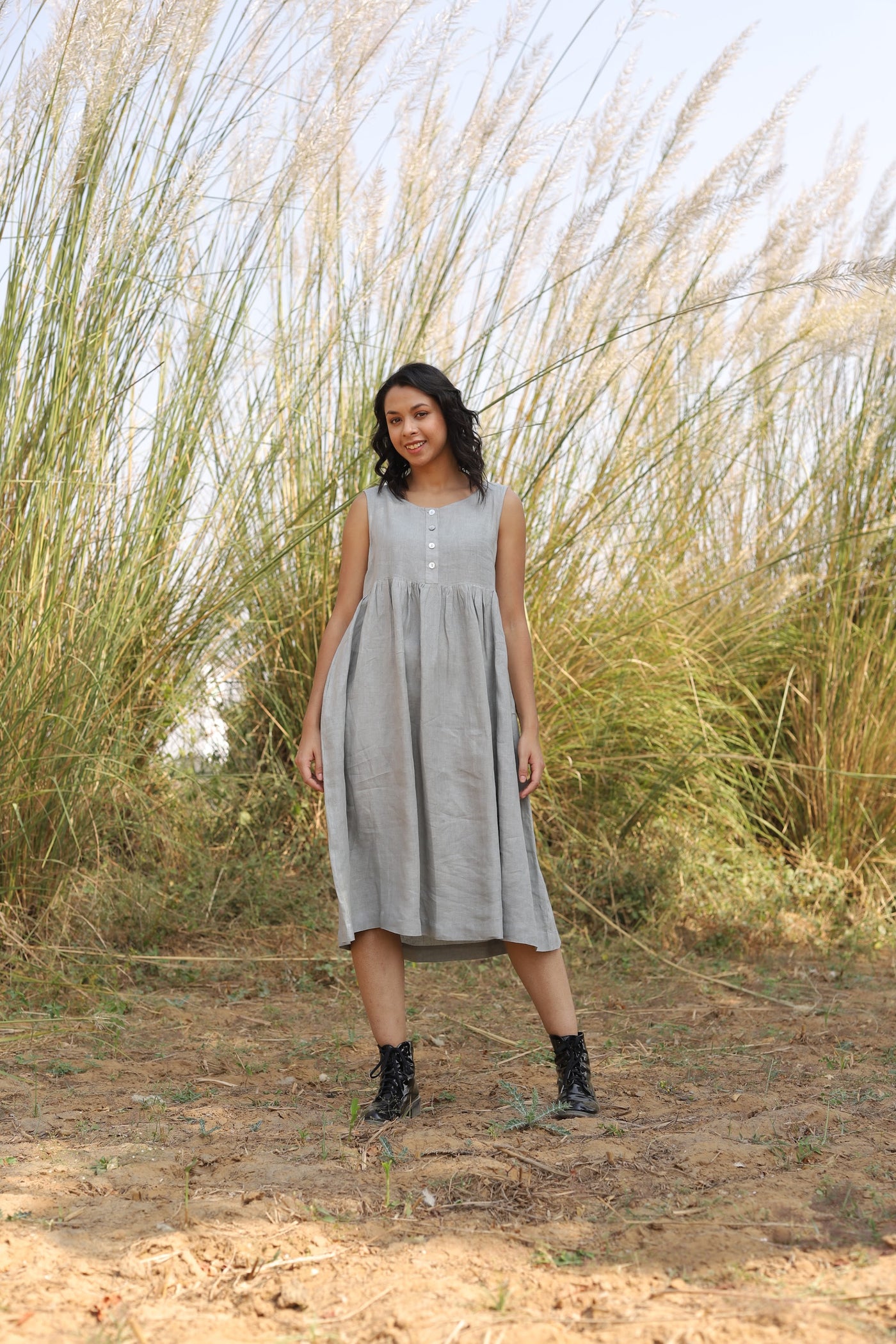 Pale Grey button front gathered midi in washed linen, photographed in Jaipur