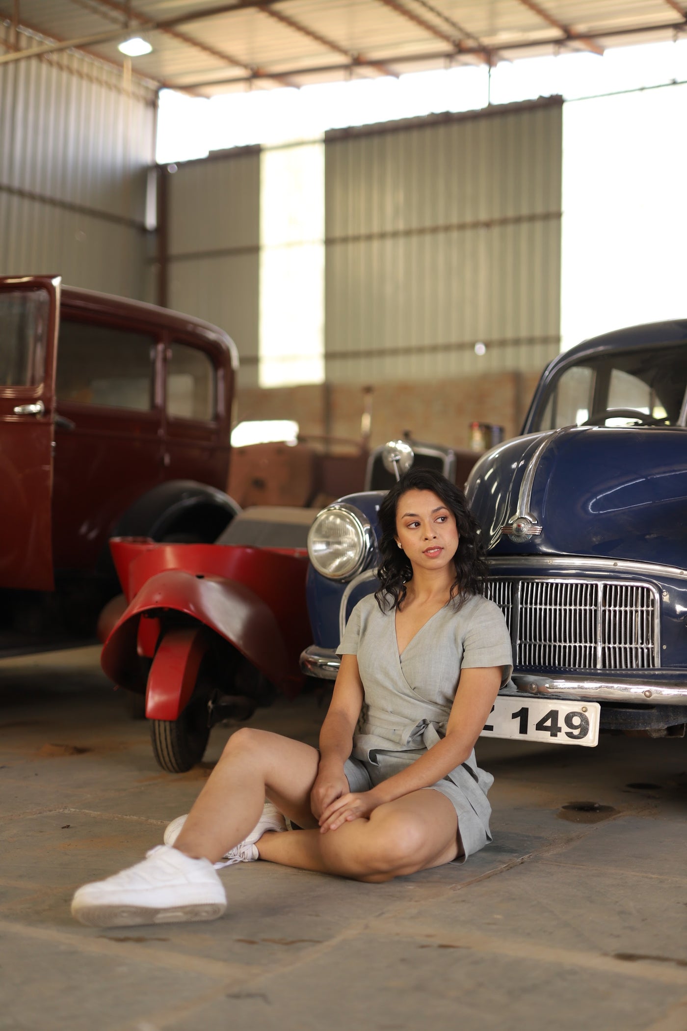 Grey linen playsuit in washed linen, photographed in Jaipur