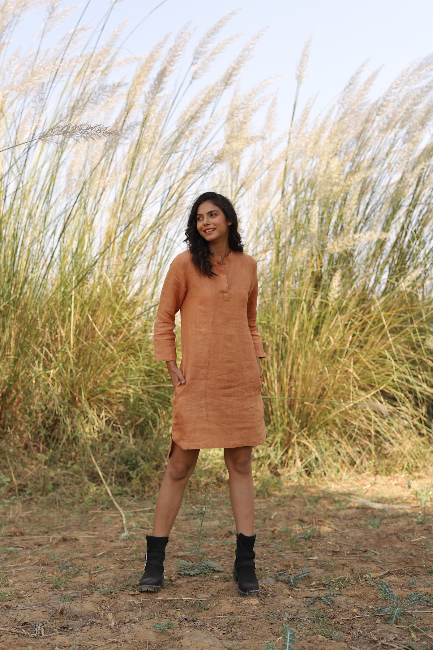 Terracotta long sleeve linen tunic in washed linen, photographed in Jaipur