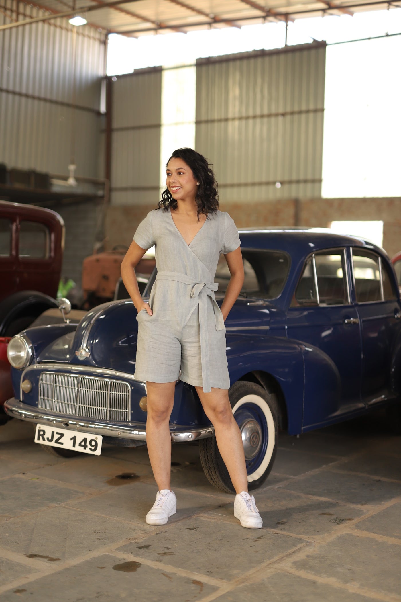 Grey linen playsuit in washed linen, photographed in Jaipur