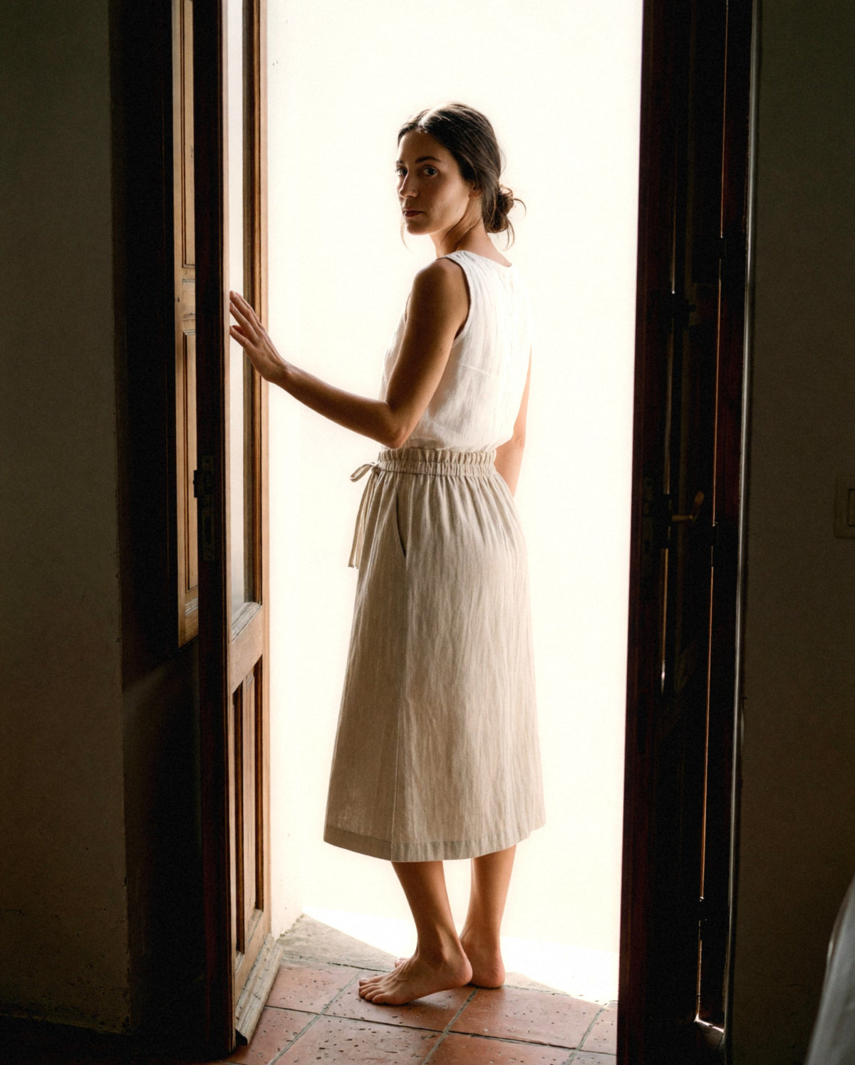 Gathered Linen Midi Skirt in natural, worn outdoors