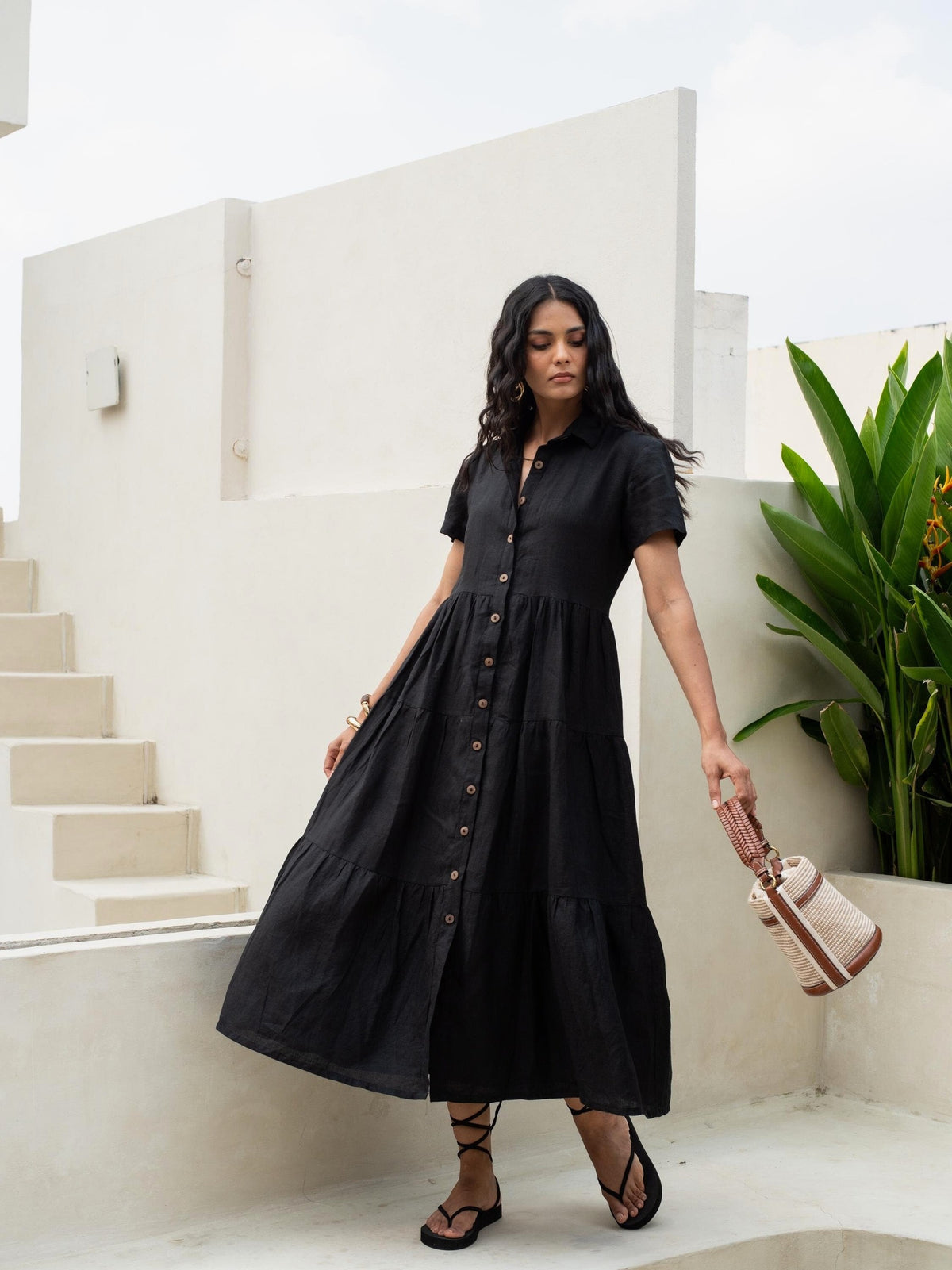 Tiered Linen Shirt Dress in washed linen, Ellementree