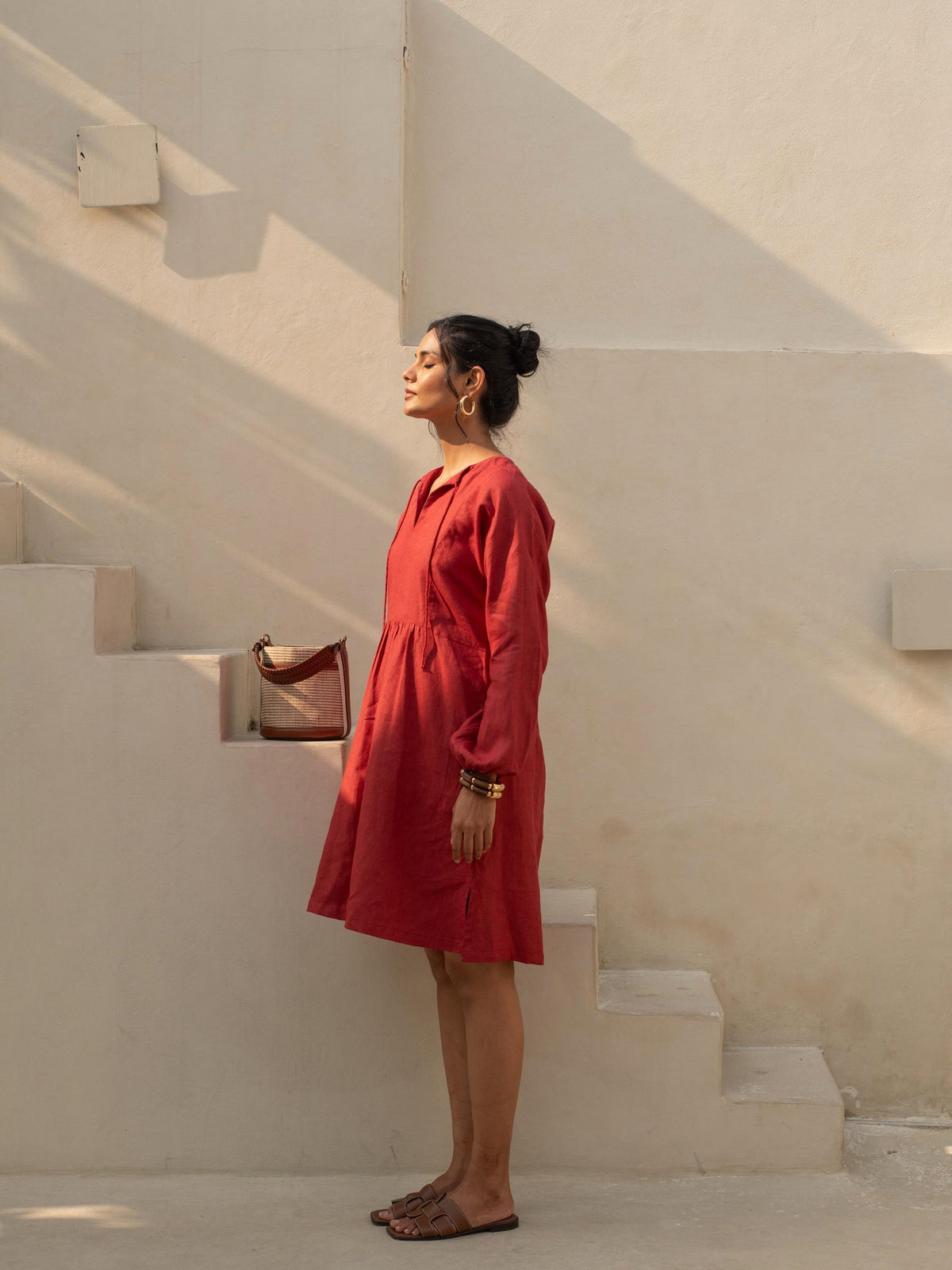 Tie Neck Linen Tunic Dress in brick red washed linen, Ellementree