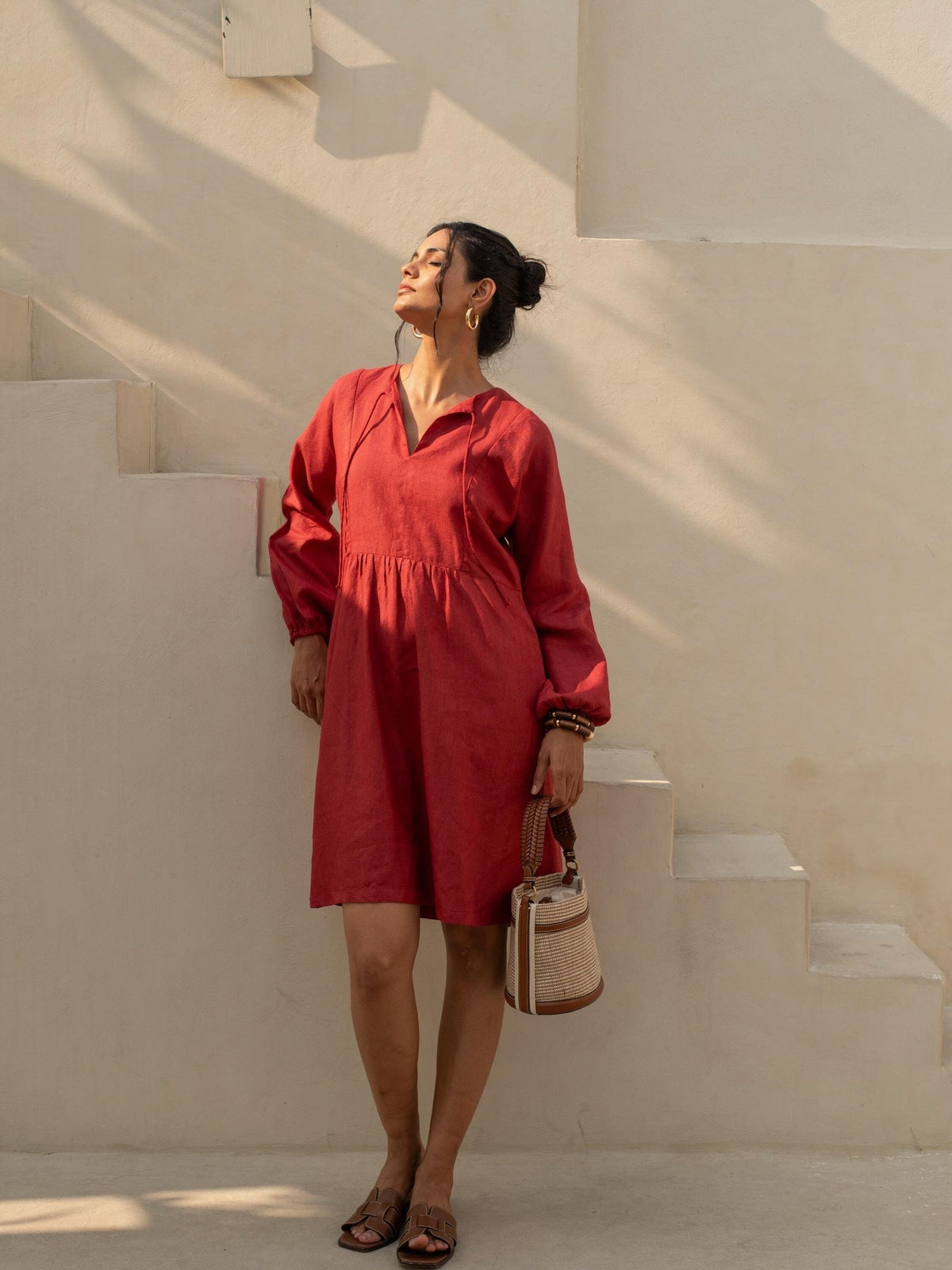 Tie Neck Linen Tunic Dress in brick red washed linen, Ellementree