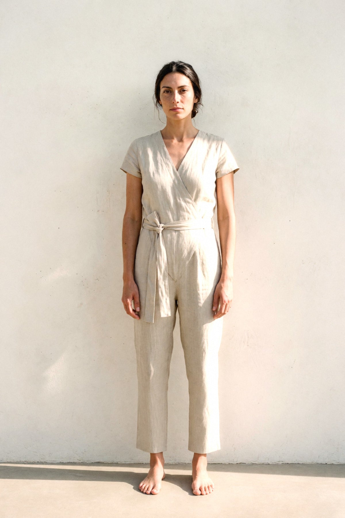 Wrap Linen Jumpsuit in natural, front view