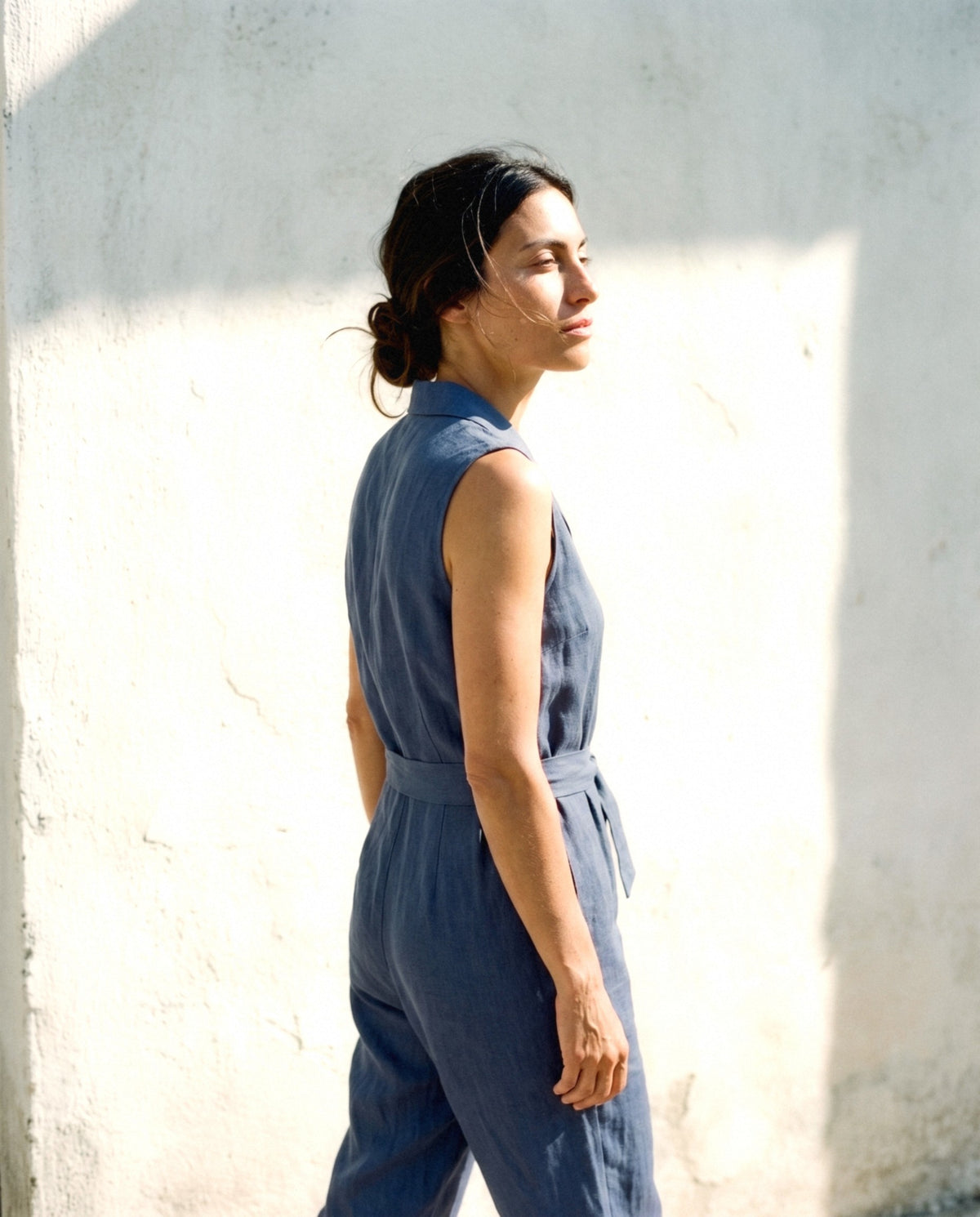Sleeveless Linen Jumpsuit, worn outdoors