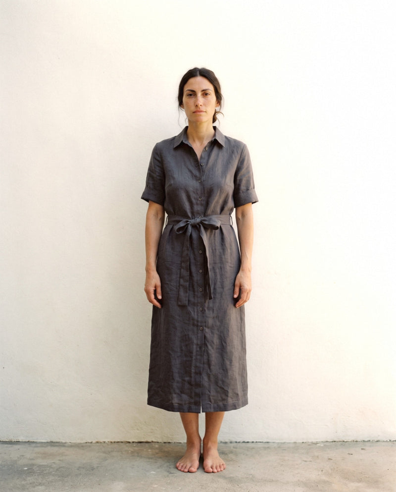 Linen Shirt Dress in charcoal, front view