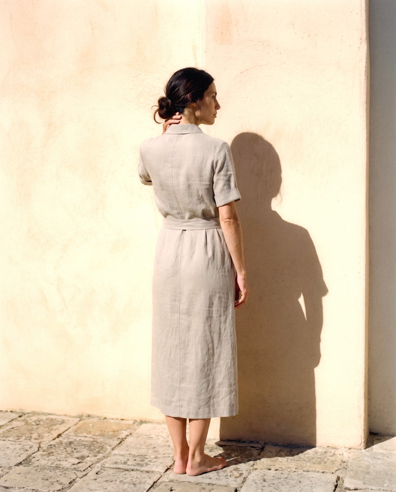 Linen Shirt Dress in stone, back view