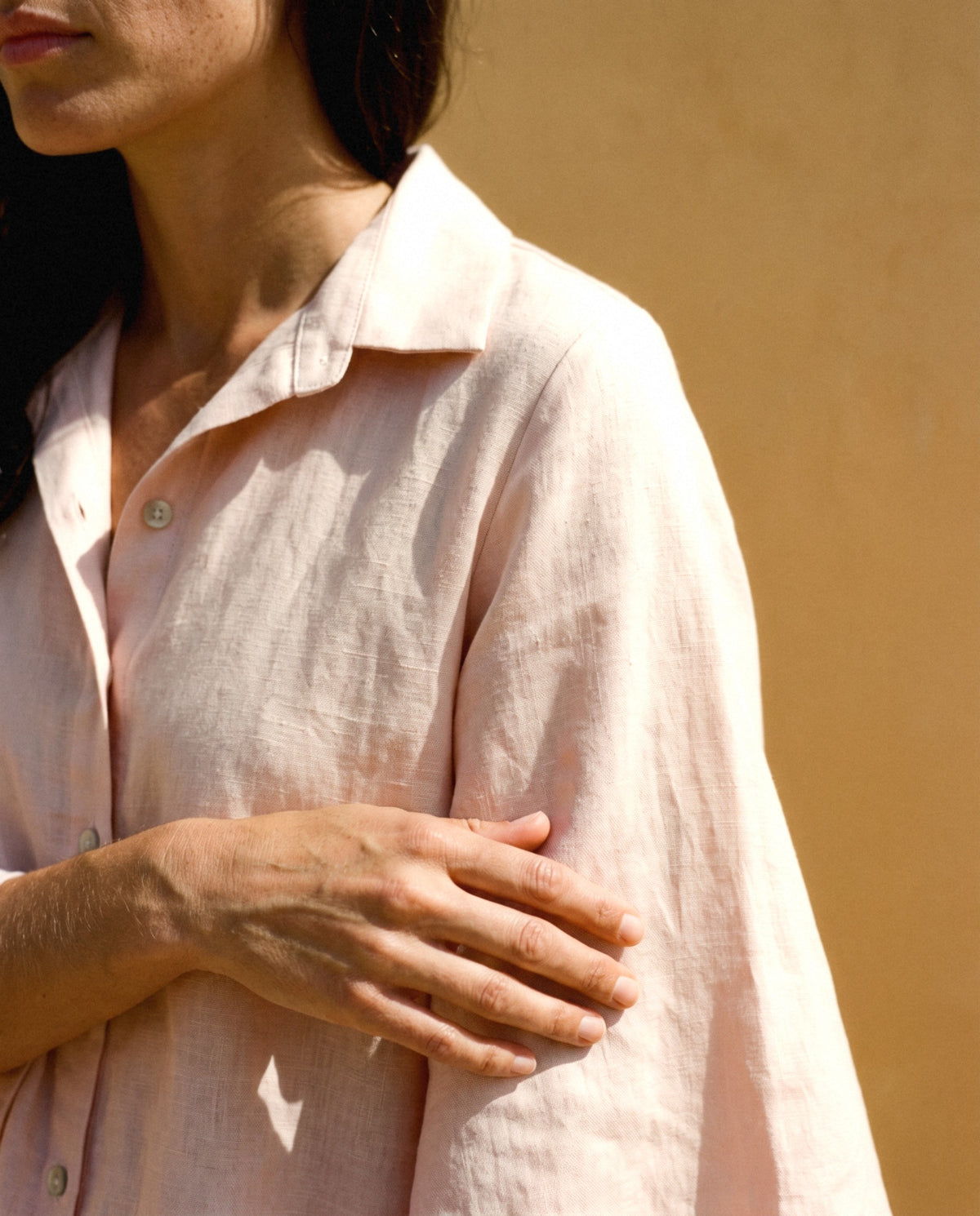 Cape Sleeve Linen Shirt, fabric and finish detail
