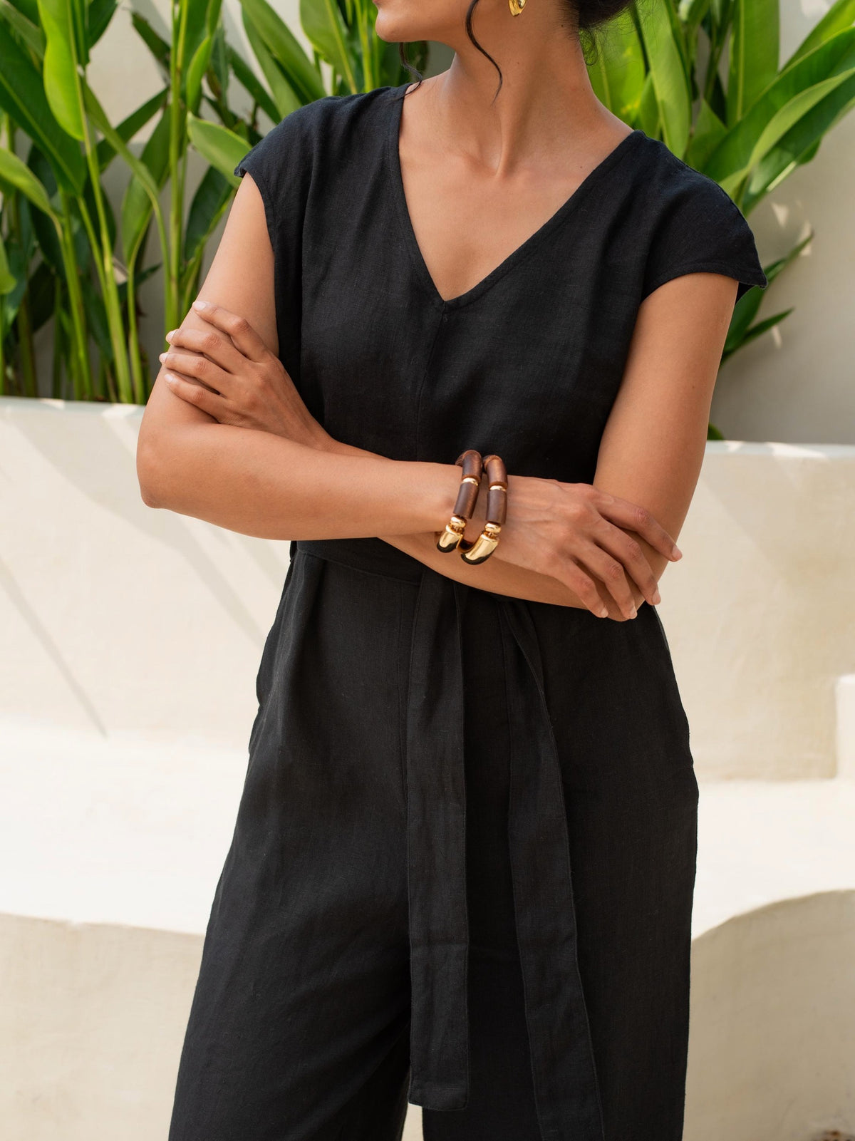 Cap Sleeve Linen Jumpsuit in black washed linen, Ellementree