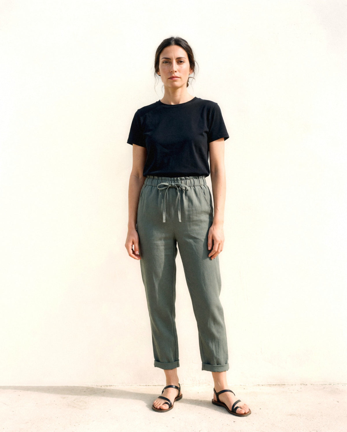 Tapered Linen Trousers in earth colours, front view