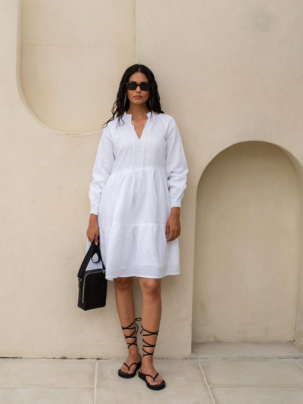 Short Tiered Linen Dress in white washed linen, Ellementree