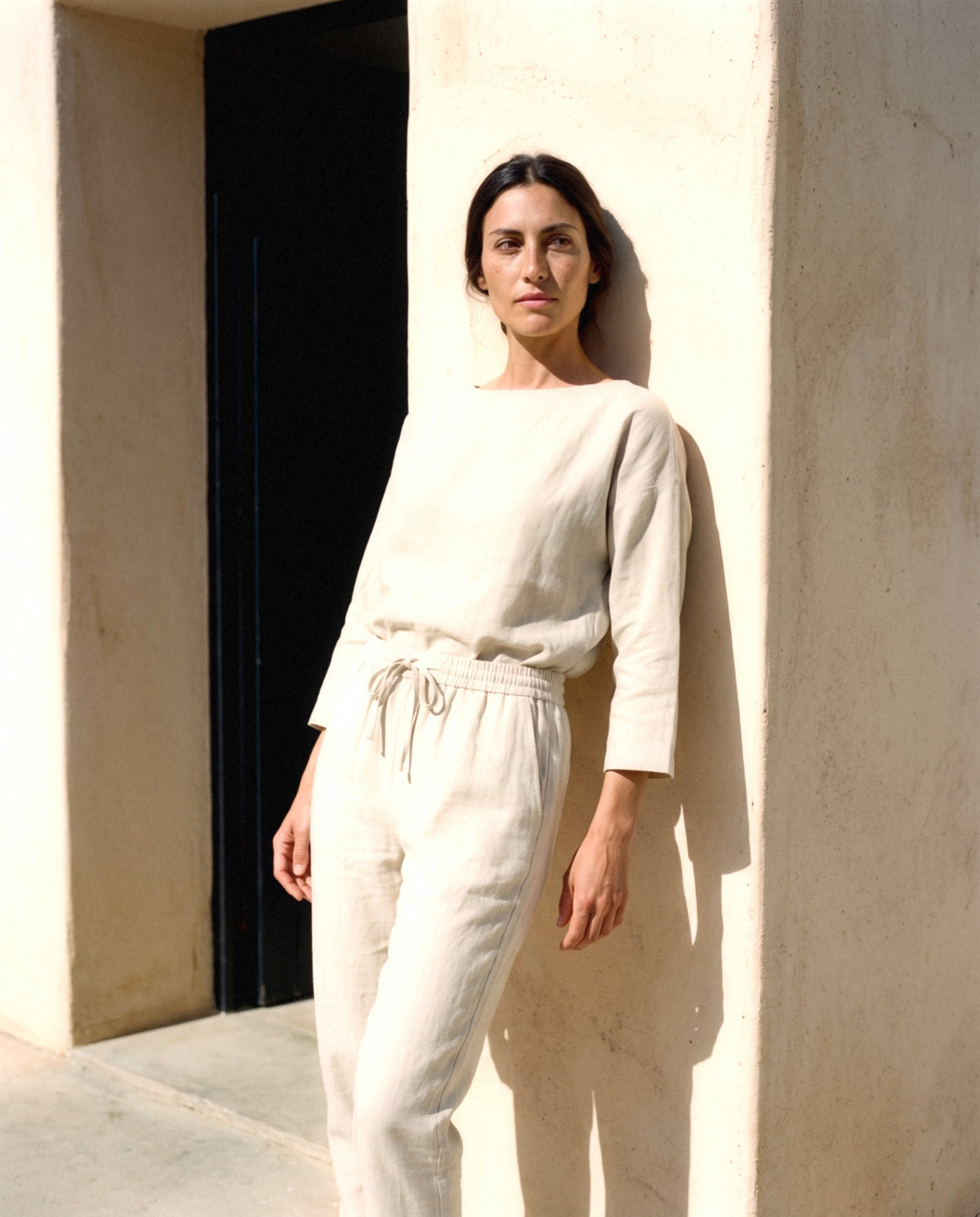 Tapered Linen Trousers, worn outdoors