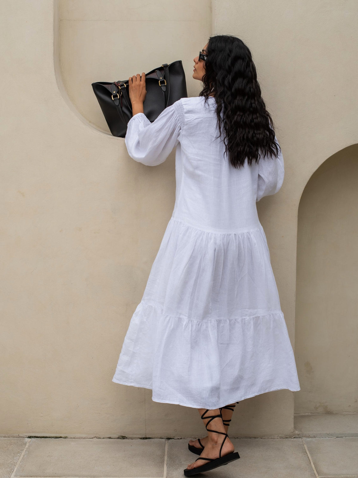 Tiered Linen Maxi Dress in white washed linen, Ellementree