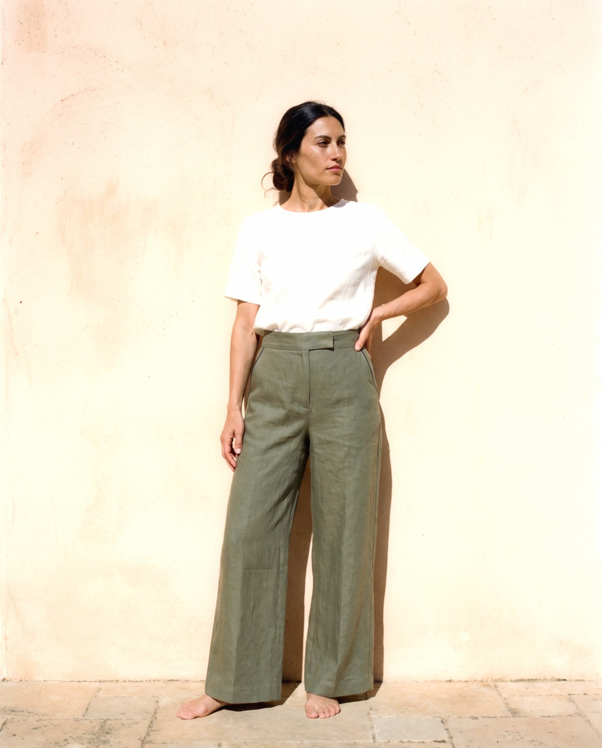 Wide Leg Linen Trousers, in Olive