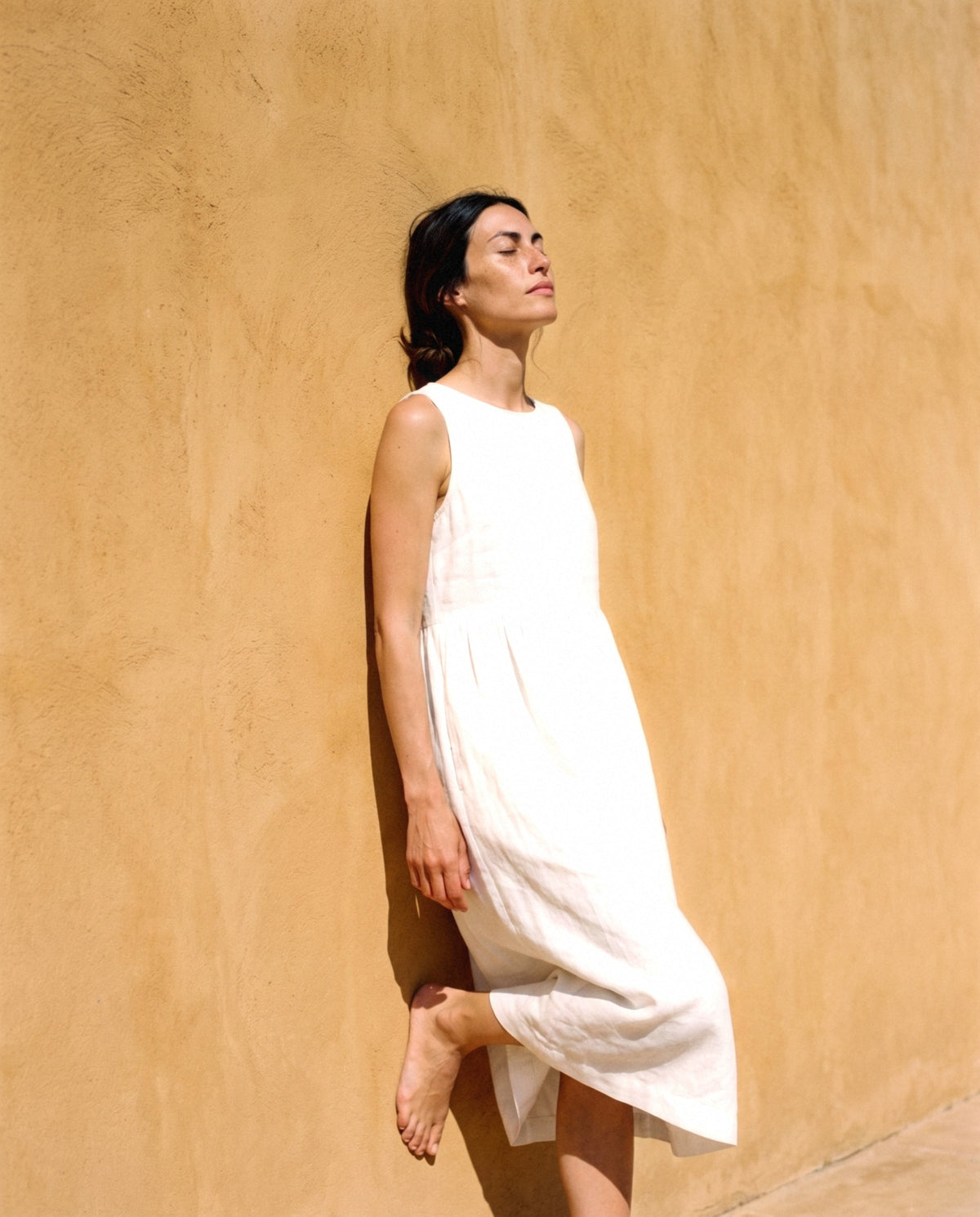 Sleeveless Linen Midi Dress, worn outdoors