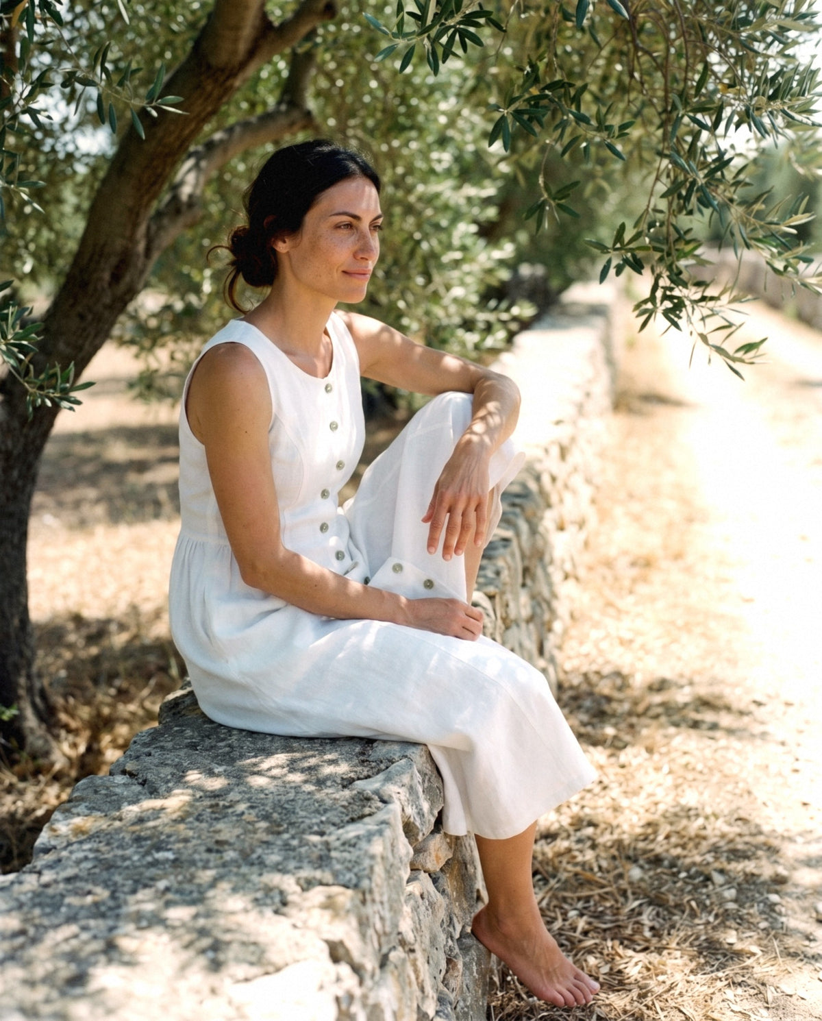 Button Front Linen Midi in white, worn outdoors