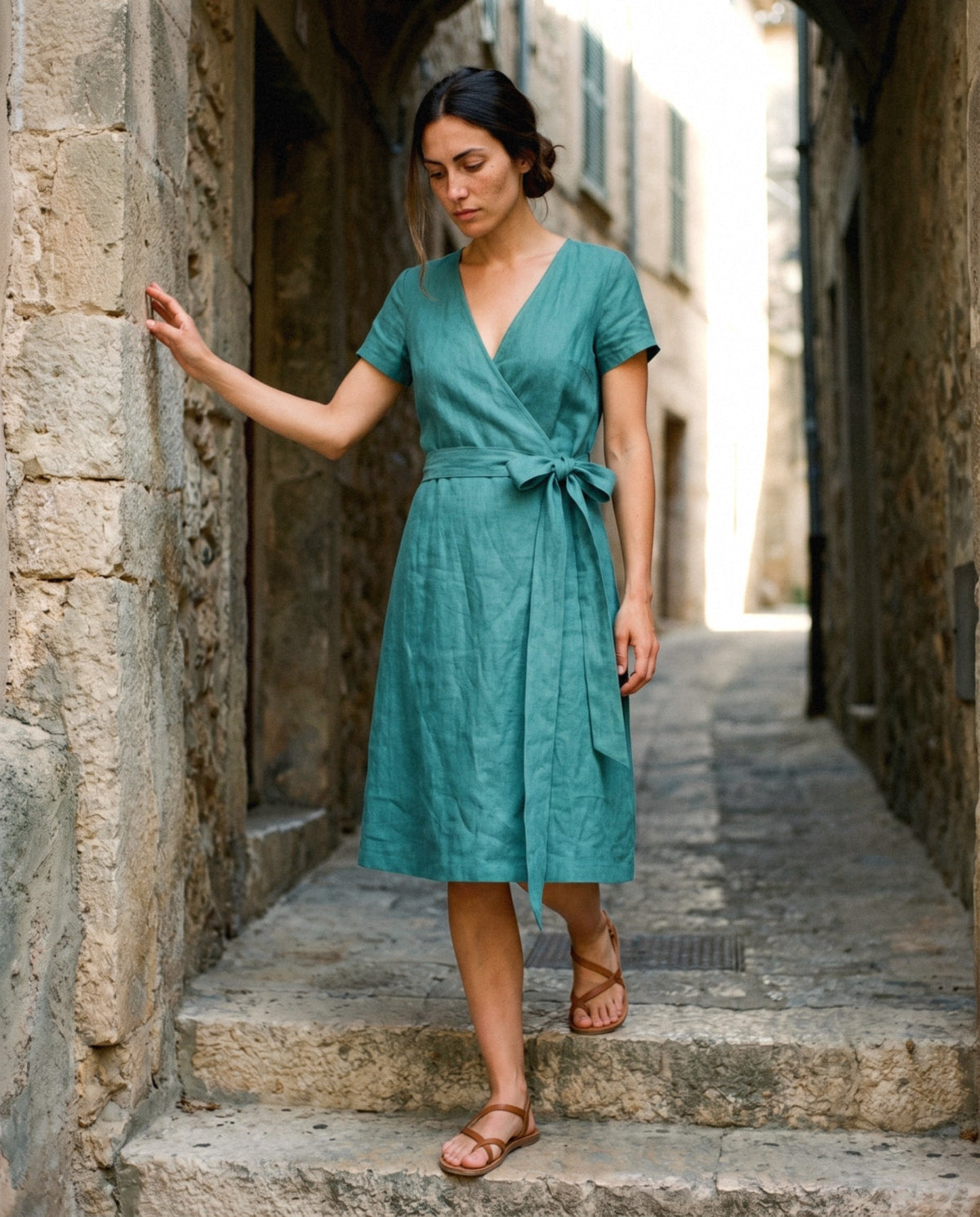 Wrap Linen Midi Dress, worn, relaxed