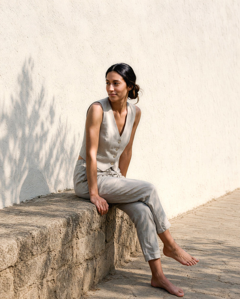 Flax Waistcoat and Trousers, worn outdoors