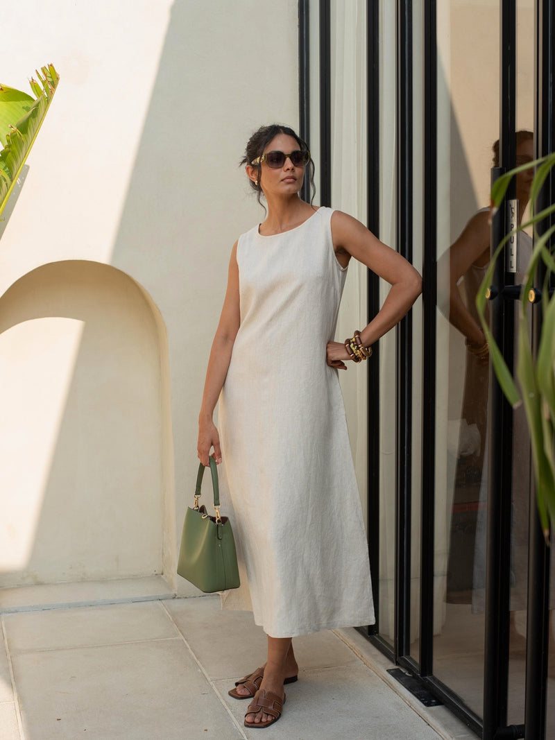 Boat Neck Linen Maxi Dress in natural washed linen, Ellementree