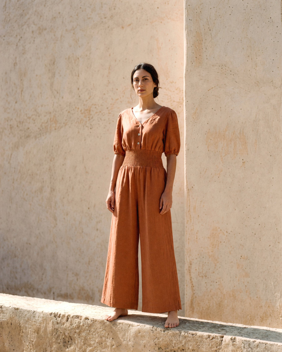 Button Front Linen Maxi Jumpsuit, front view