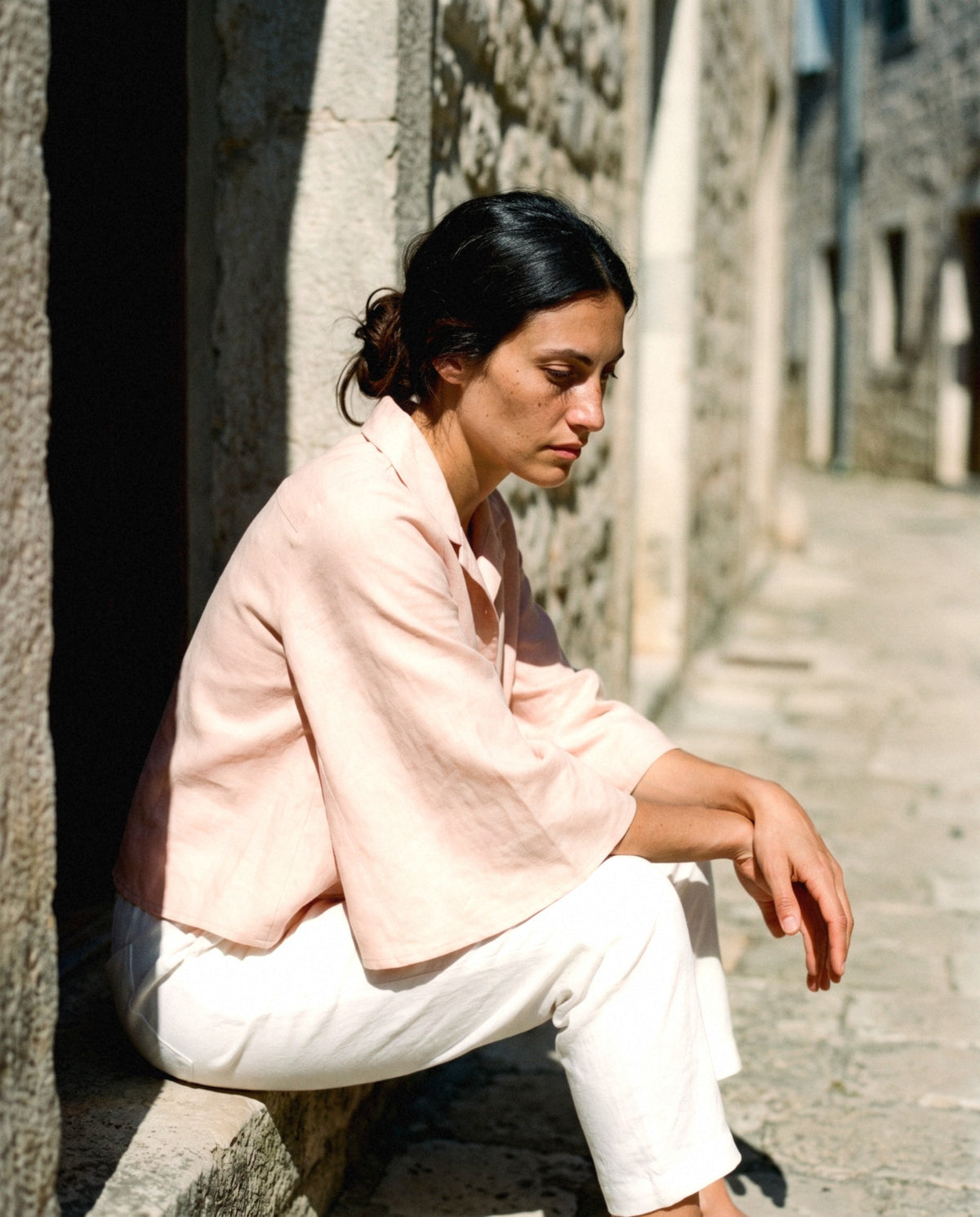 Cape Sleeve Linen Shirt, worn outdoors