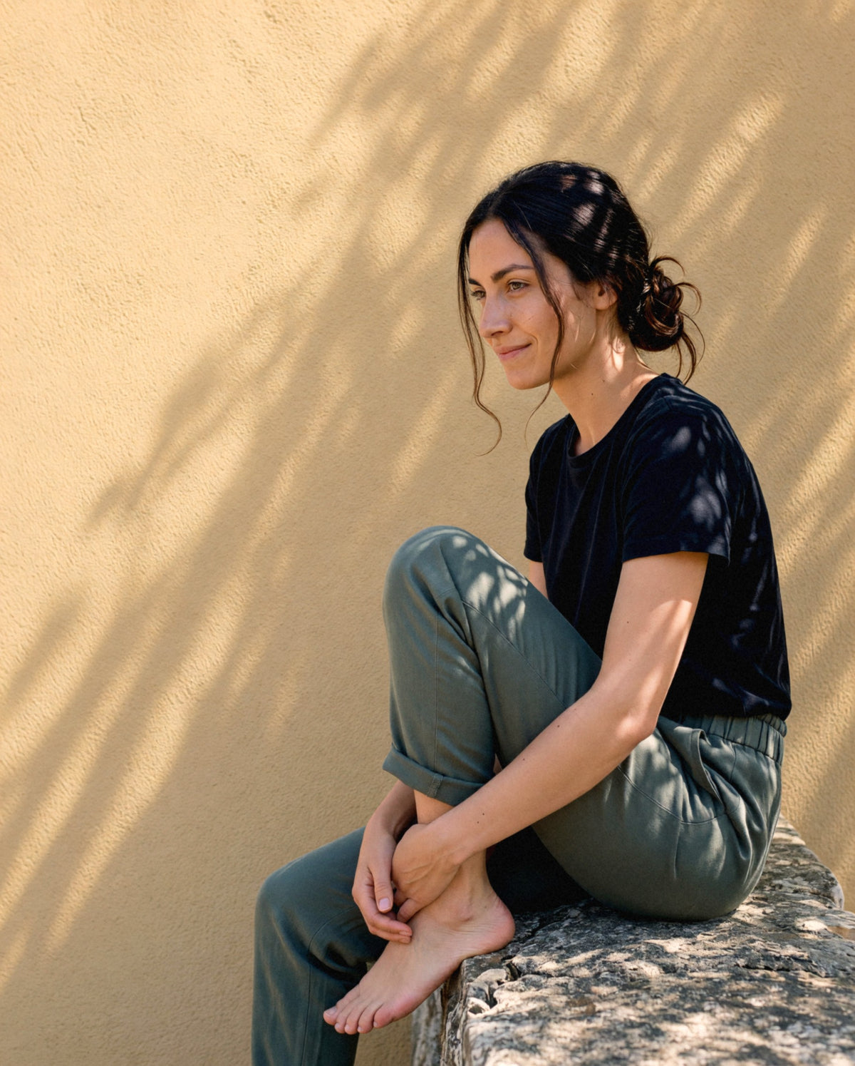 Tapered Linen Trousers in earth colours, worn, relaxed