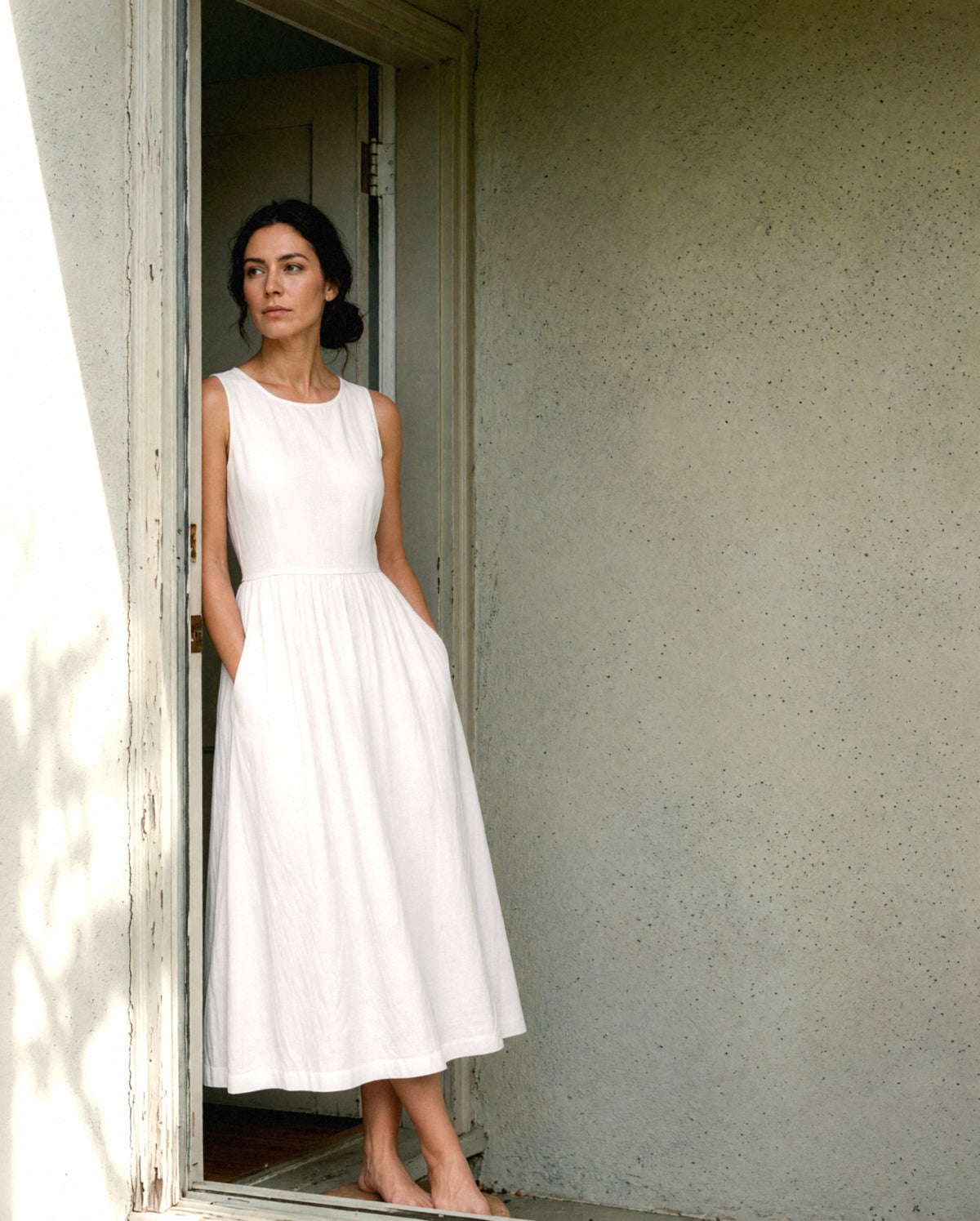 Sleeveless Linen Midi Dress, worn, relaxed